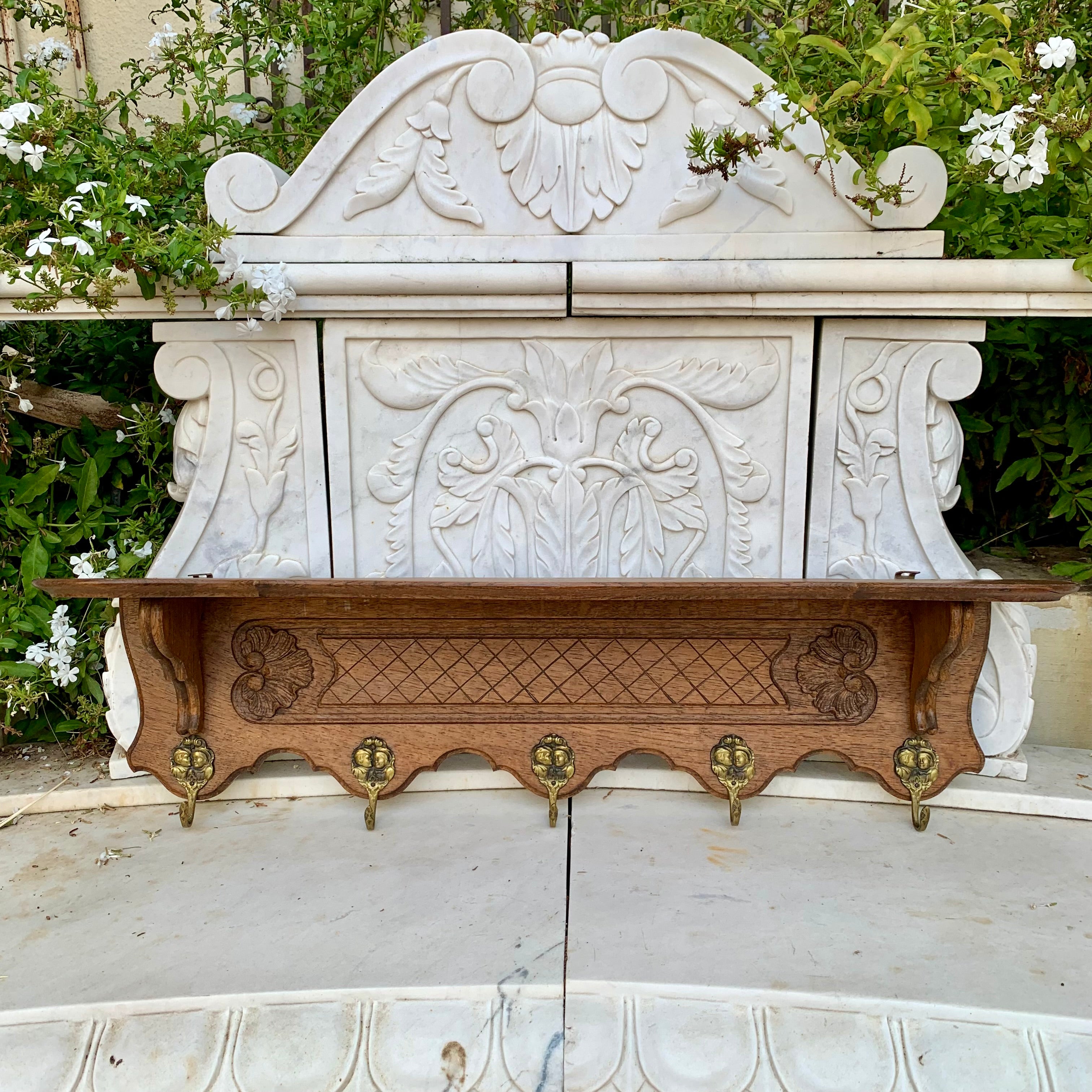 Pretty Carved French Oak Wall Coat Rack