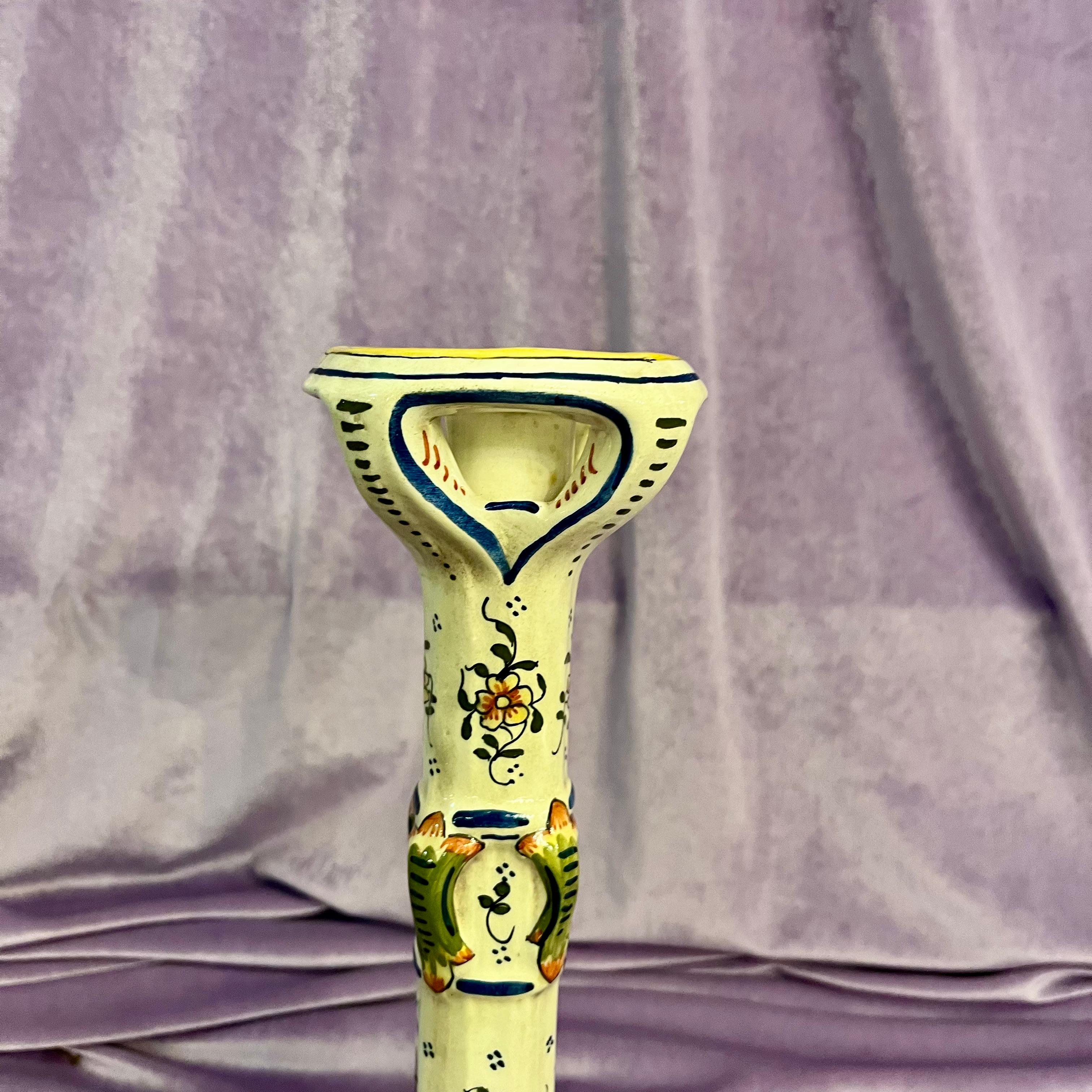 Glazed Earthenware Pottery Candlestick, by Rouen, France