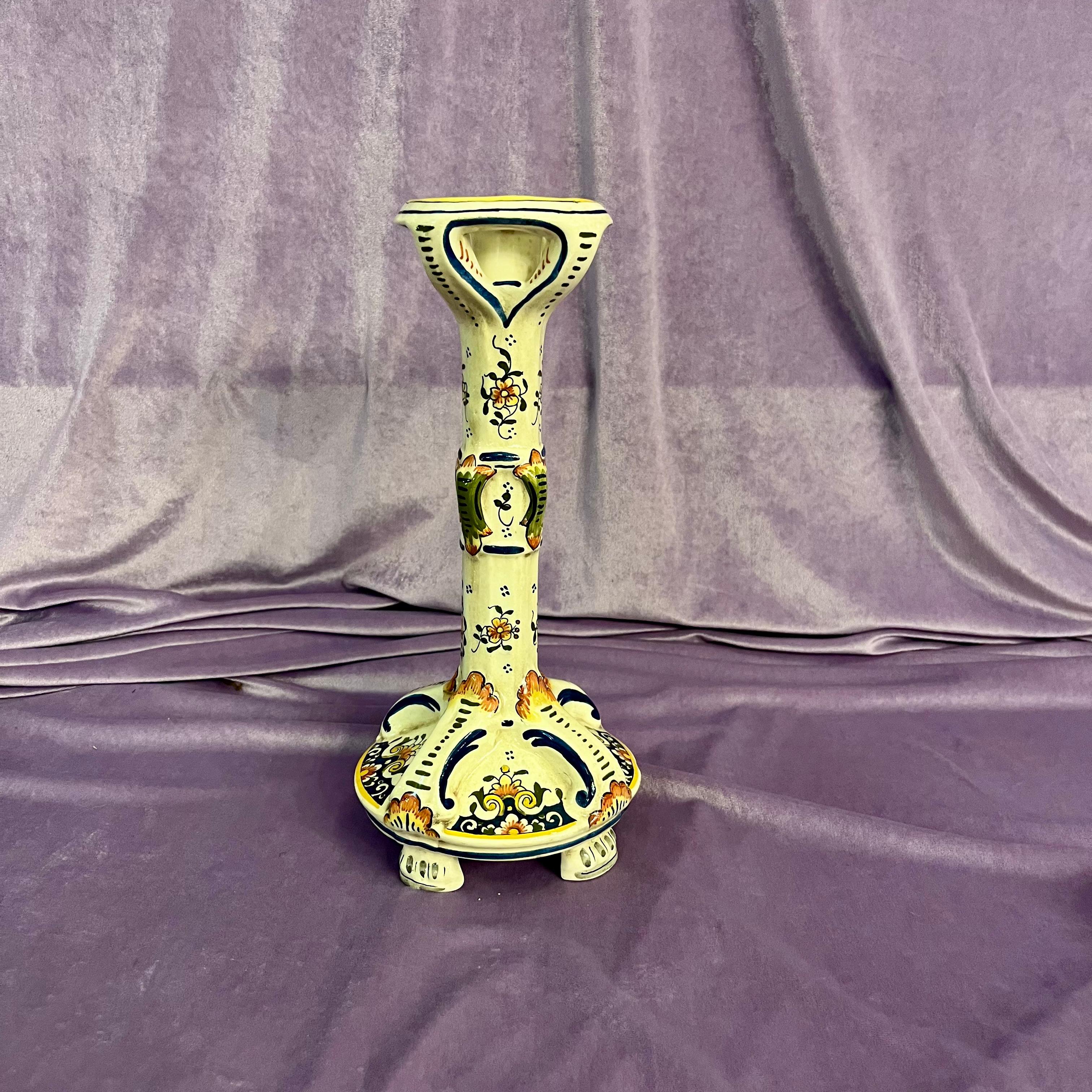 Glazed Earthenware Pottery Candlestick, by Rouen, France