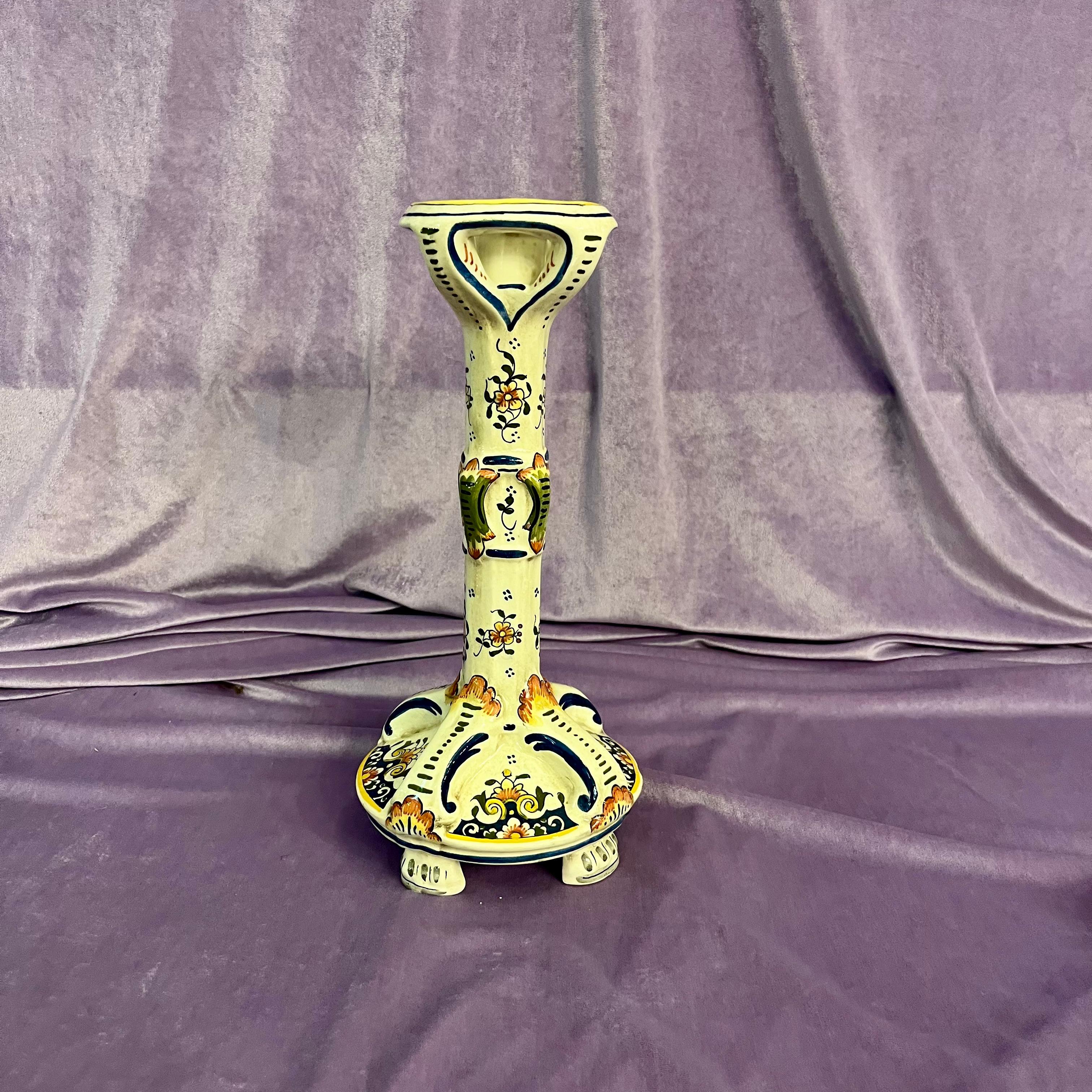 Glazed Earthenware Pottery Candlestick, by Rouen, France