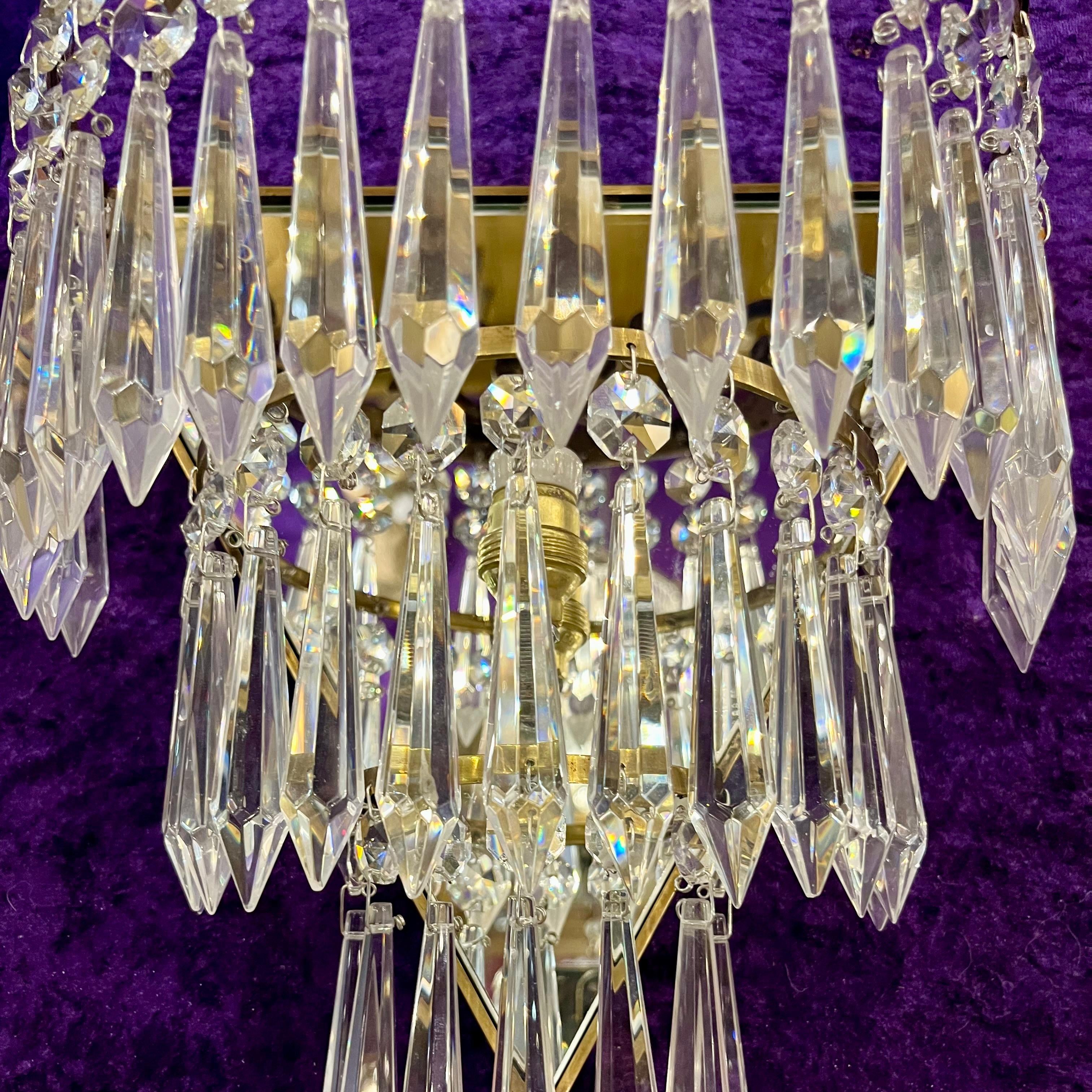 Pair of Brass and Crystal Waterfall Sconces