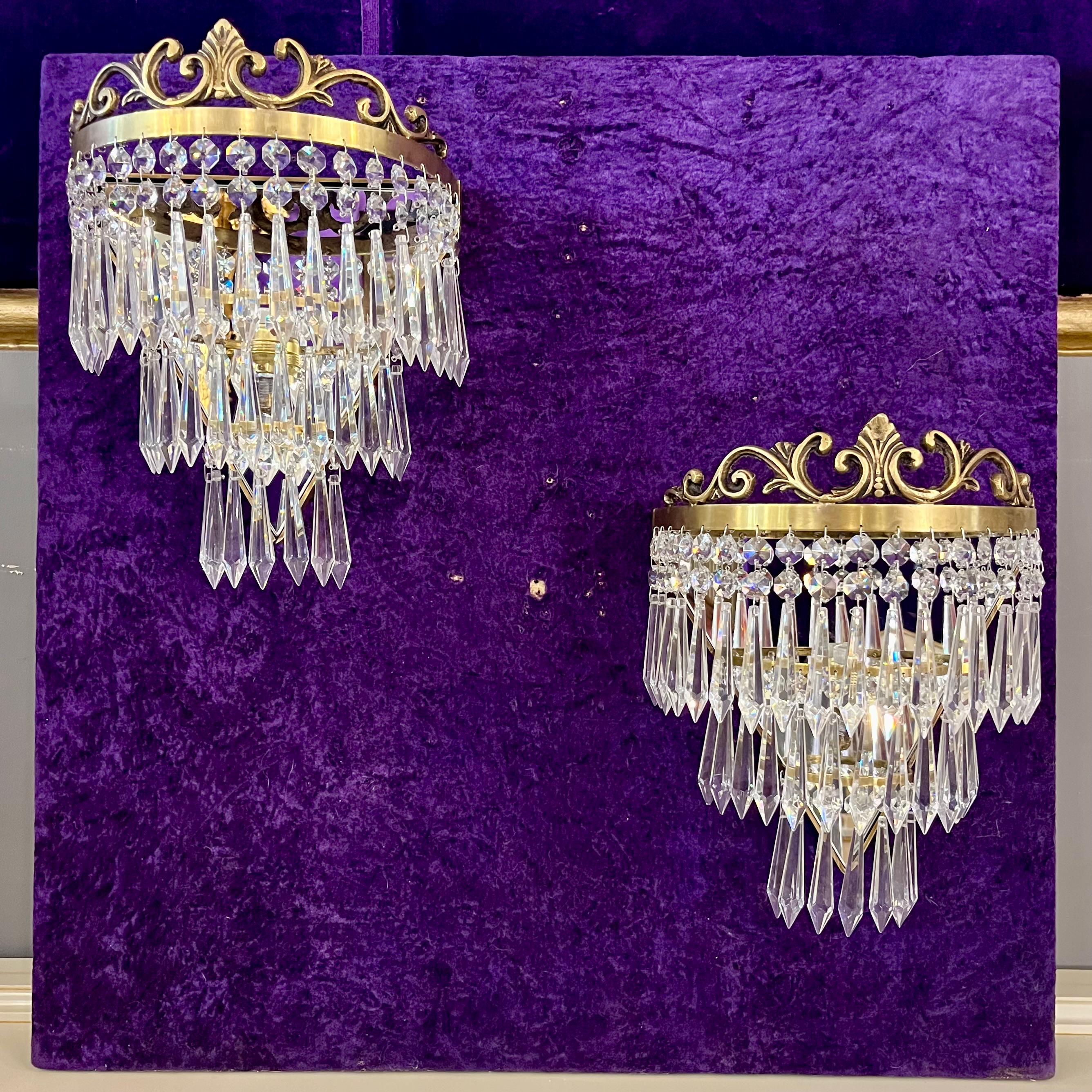 Pair of Brass and Crystal Waterfall Sconces