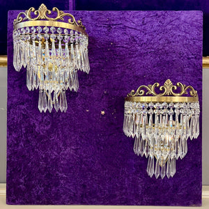 Pair of Brass and Crystal Waterfall Sconces