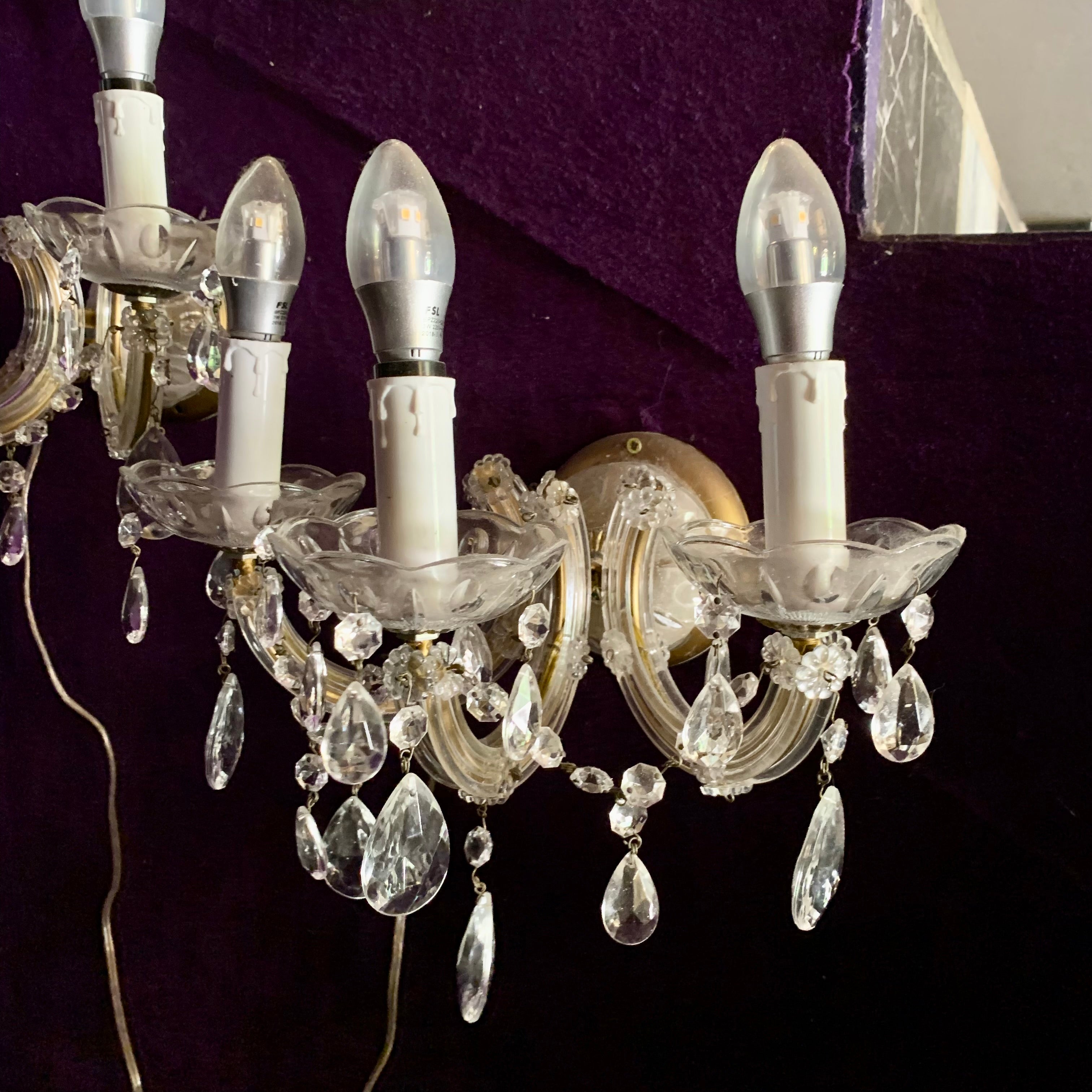 Pair of Maria Theresa Three Arm Glass & Crystal Wall Sconce