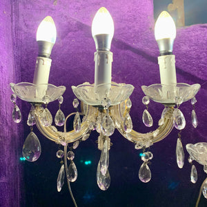 Pair of Maria Theresa Three Arm Glass & Crystal Wall Sconce