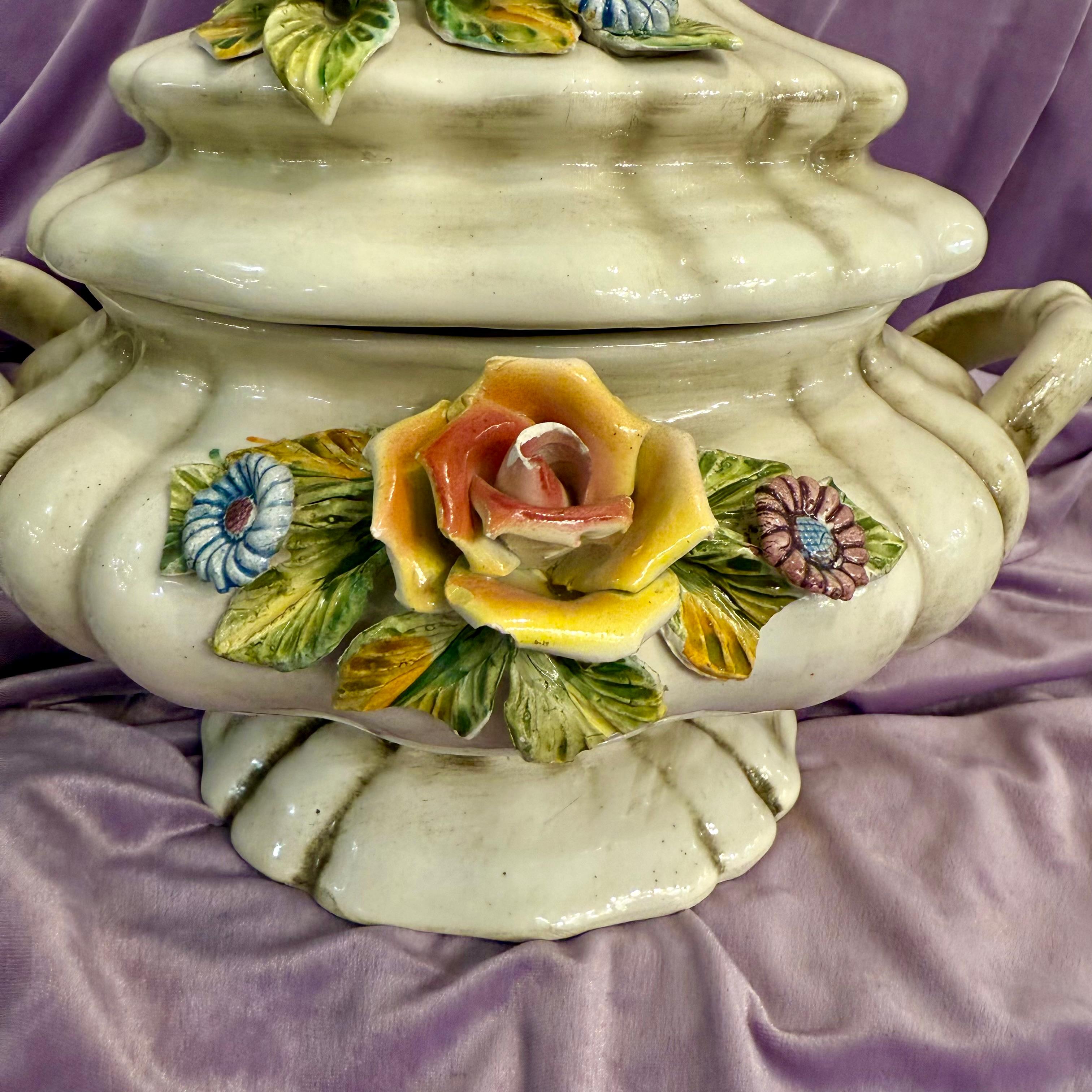 Capodimonte Porcelain Tureen with Applied Roses