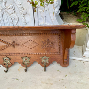 Antique French Coat Rack with Brass Hooks