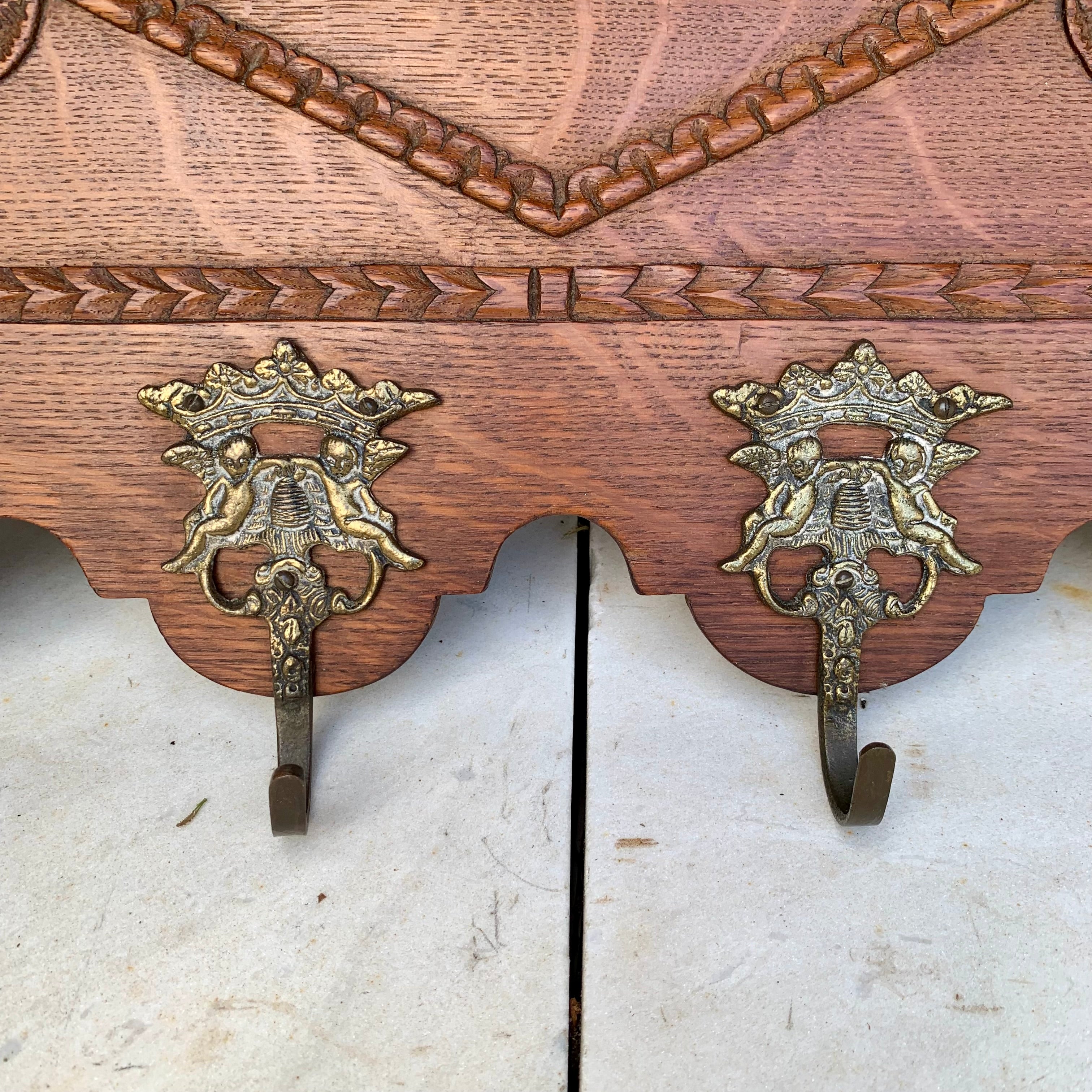 Antique French Coat Rack with Brass Hooks