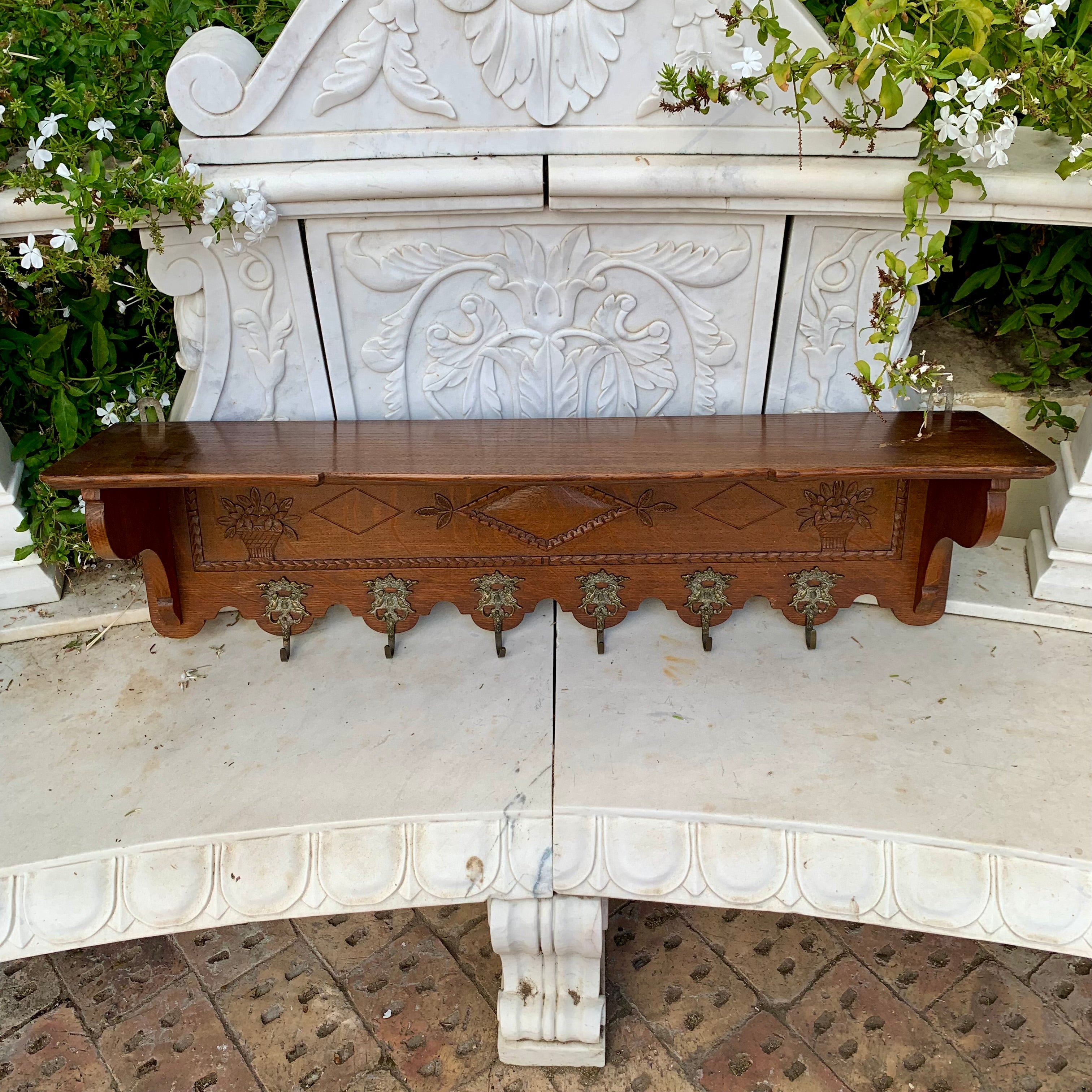 Antique French Coat Rack with Brass Hooks