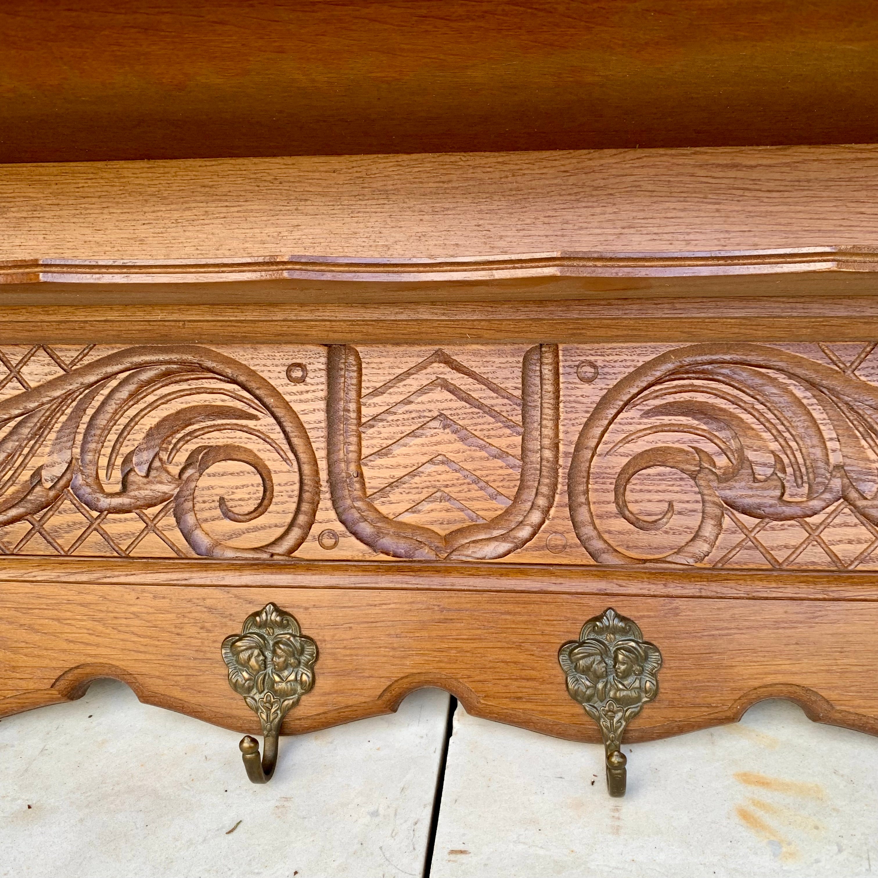 Antique Oak French Coat Rack with Second Shelf