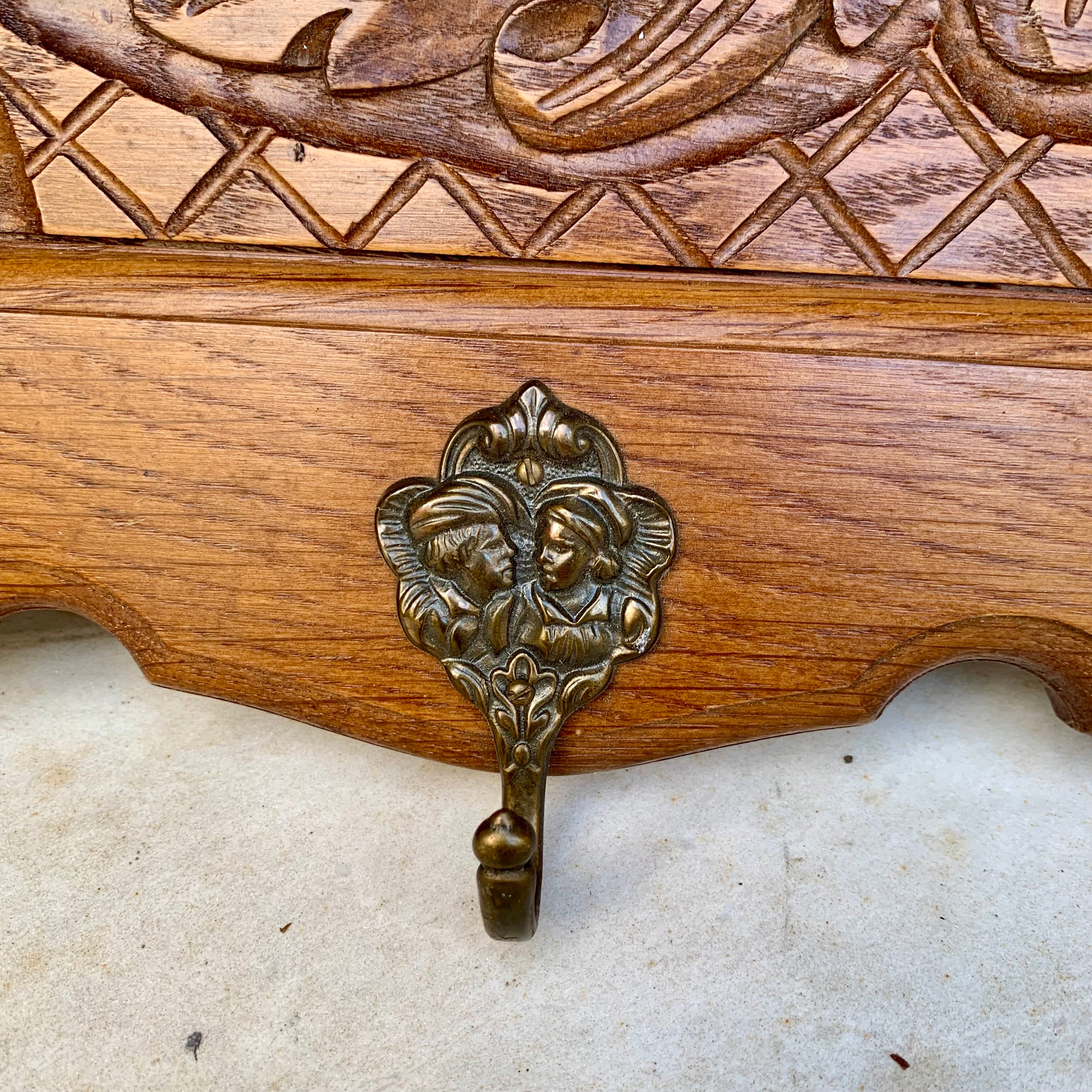 Antique Oak French Coat Rack with Second Shelf