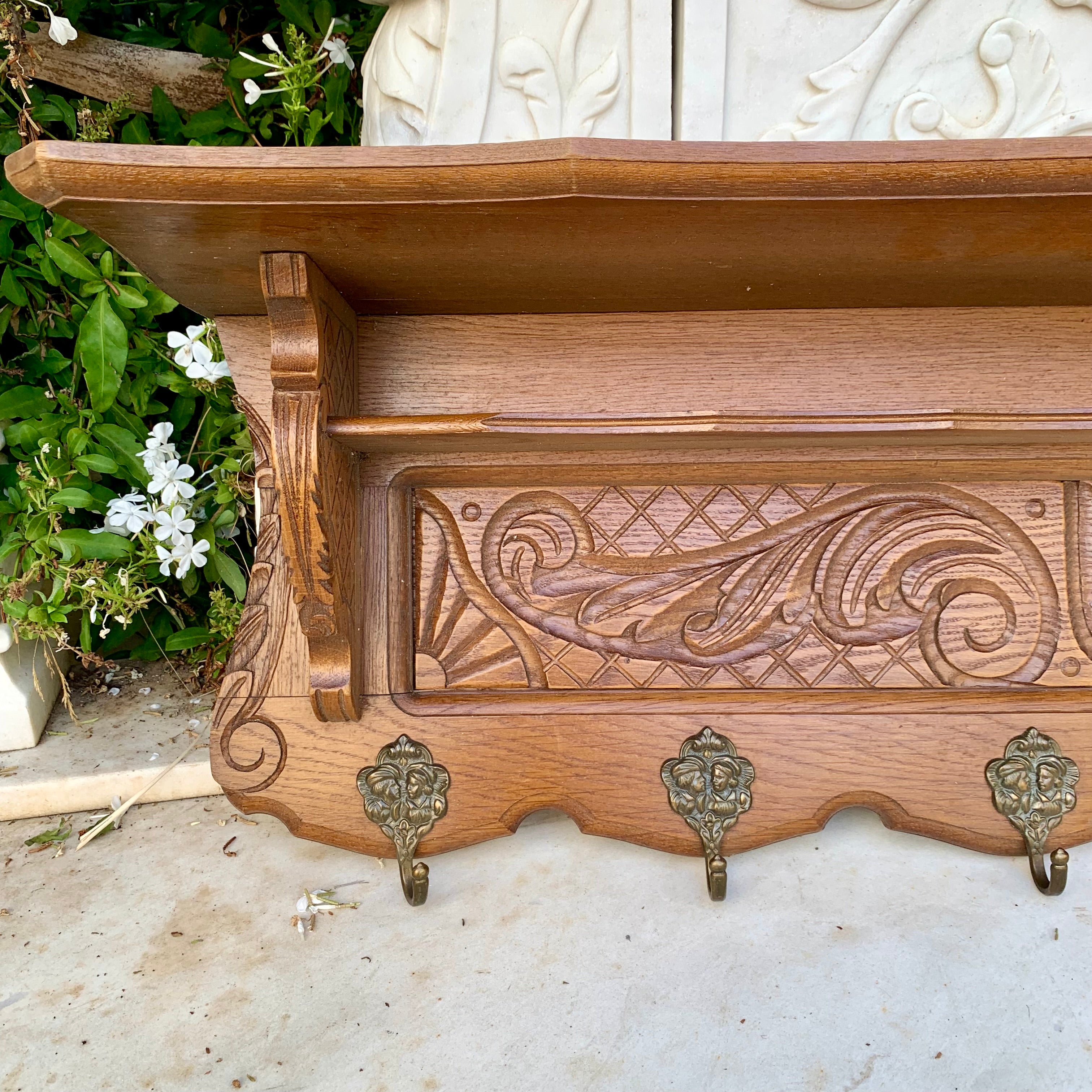 Antique Oak French Coat Rack with Second Shelf