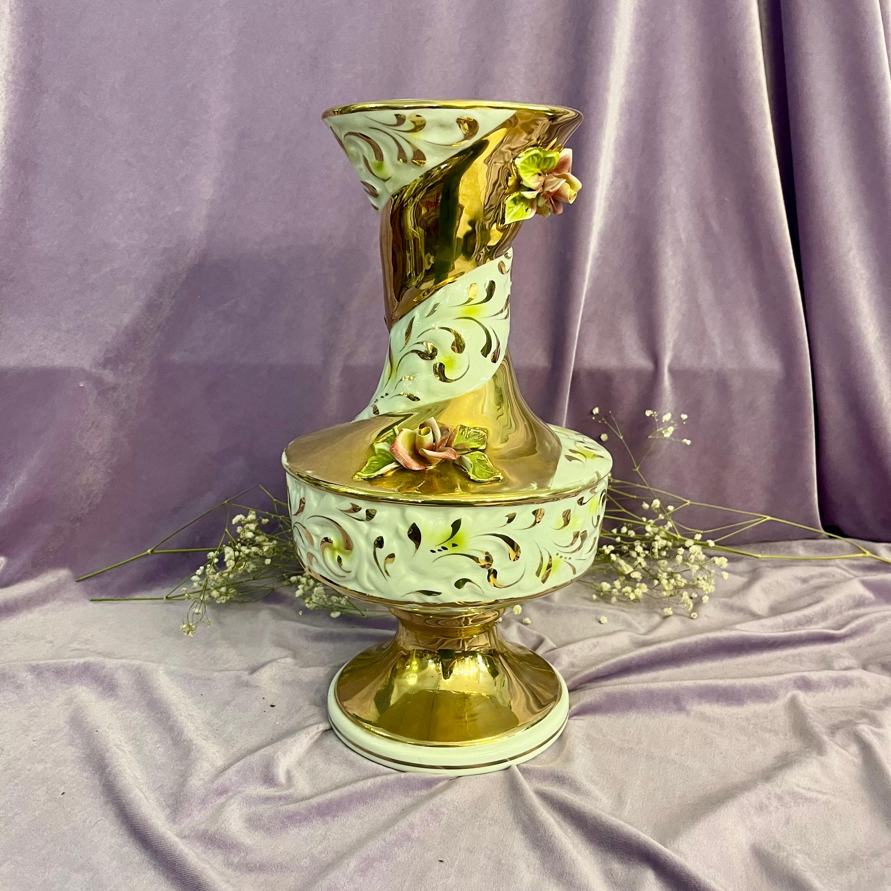 Capodimonte Gilt & Mint Porcelain Vase with Applied Roses