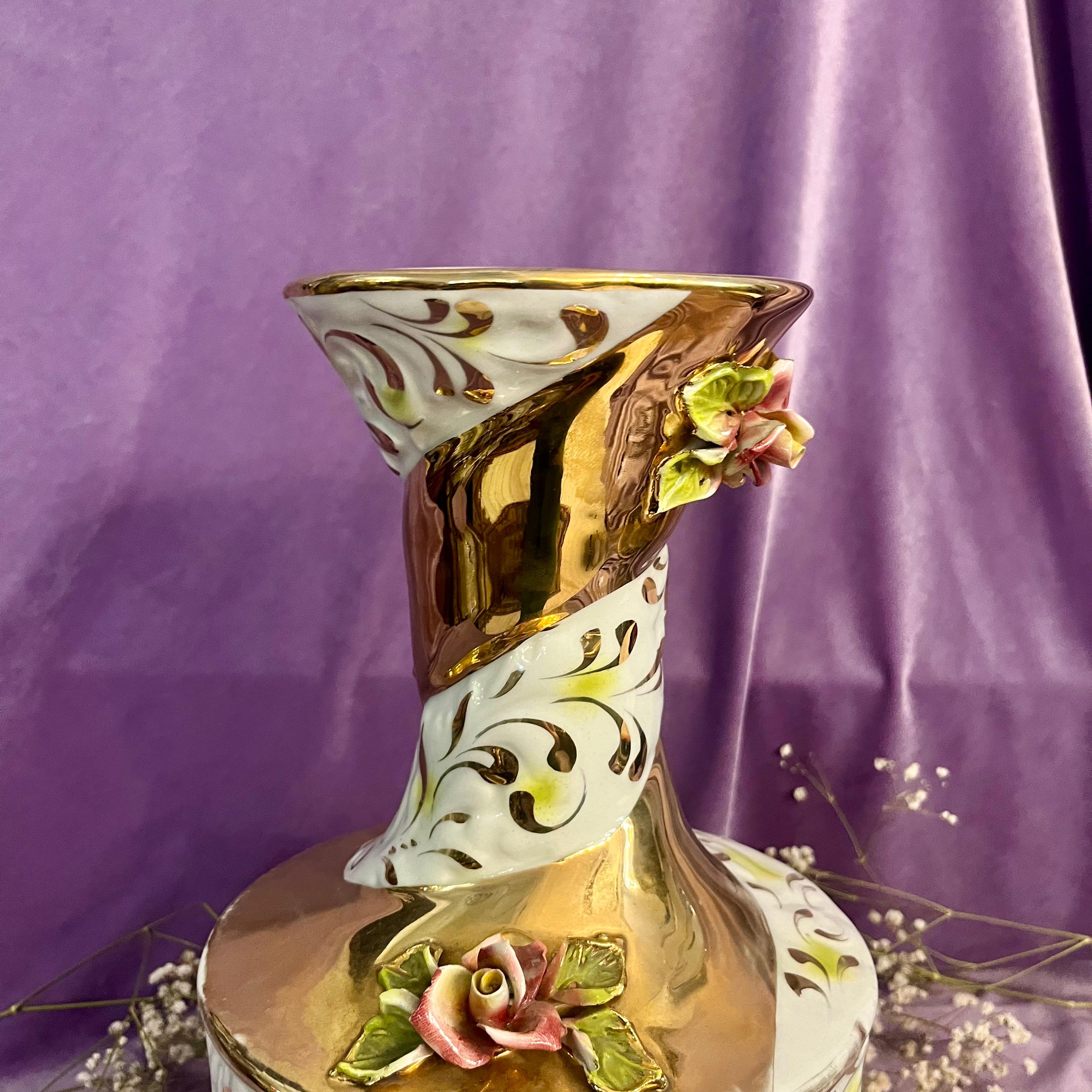 Capodimonte Gilt & Mint Porcelain Vase with Applied Roses