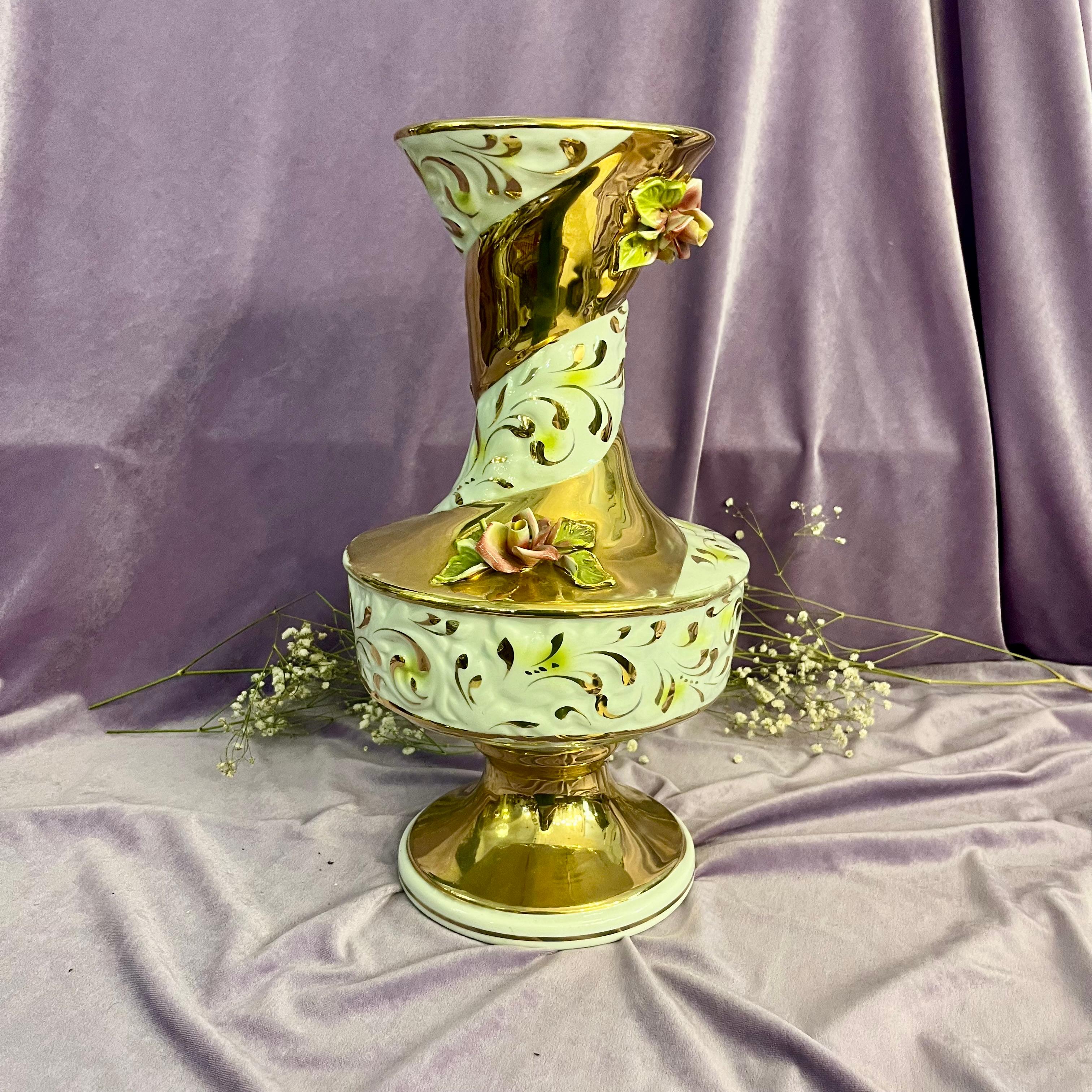 Capodimonte Gilt & Mint Porcelain Vase with Applied Roses