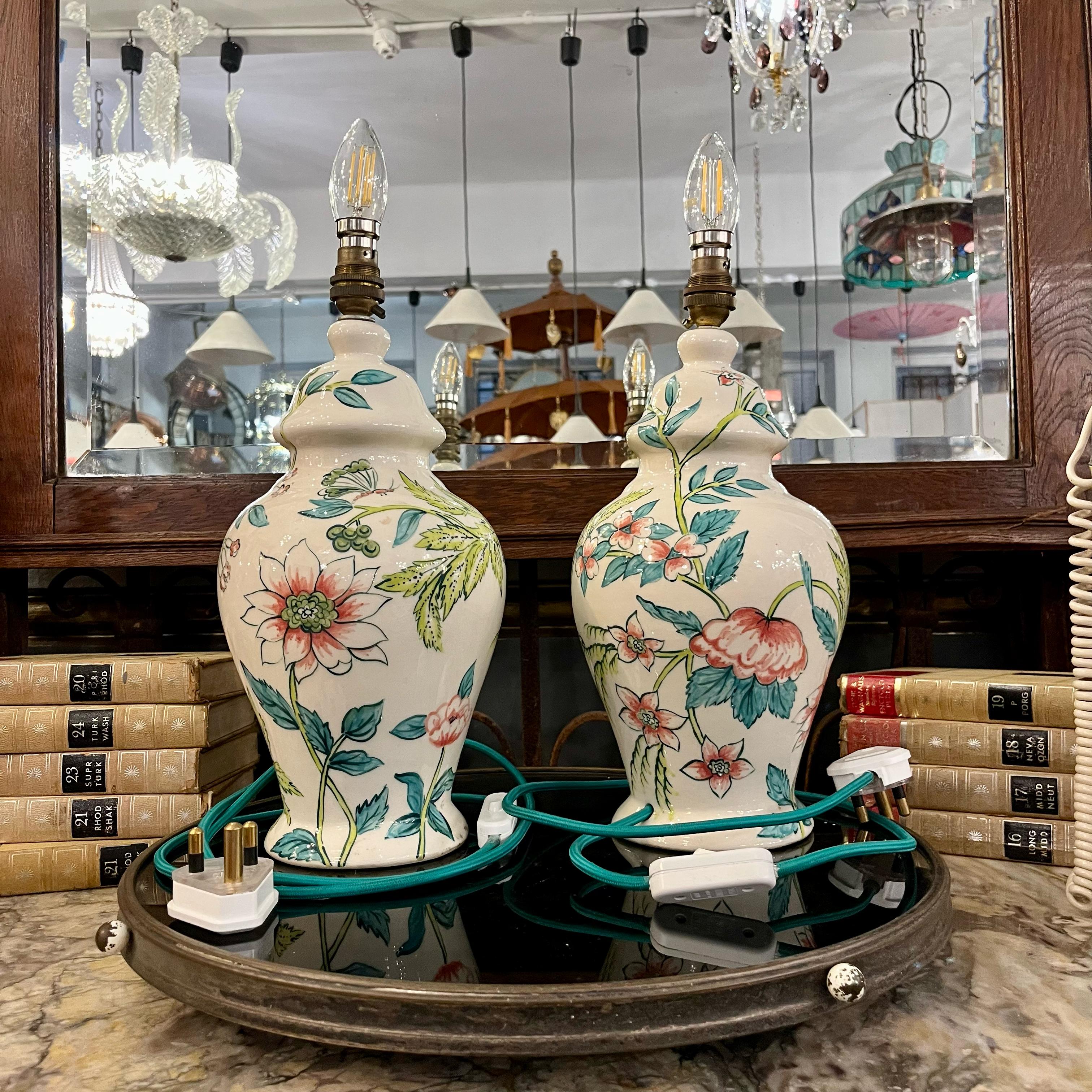 Pair of Hand-Painted Ceramic Ginger Jar Lamps - SOLD