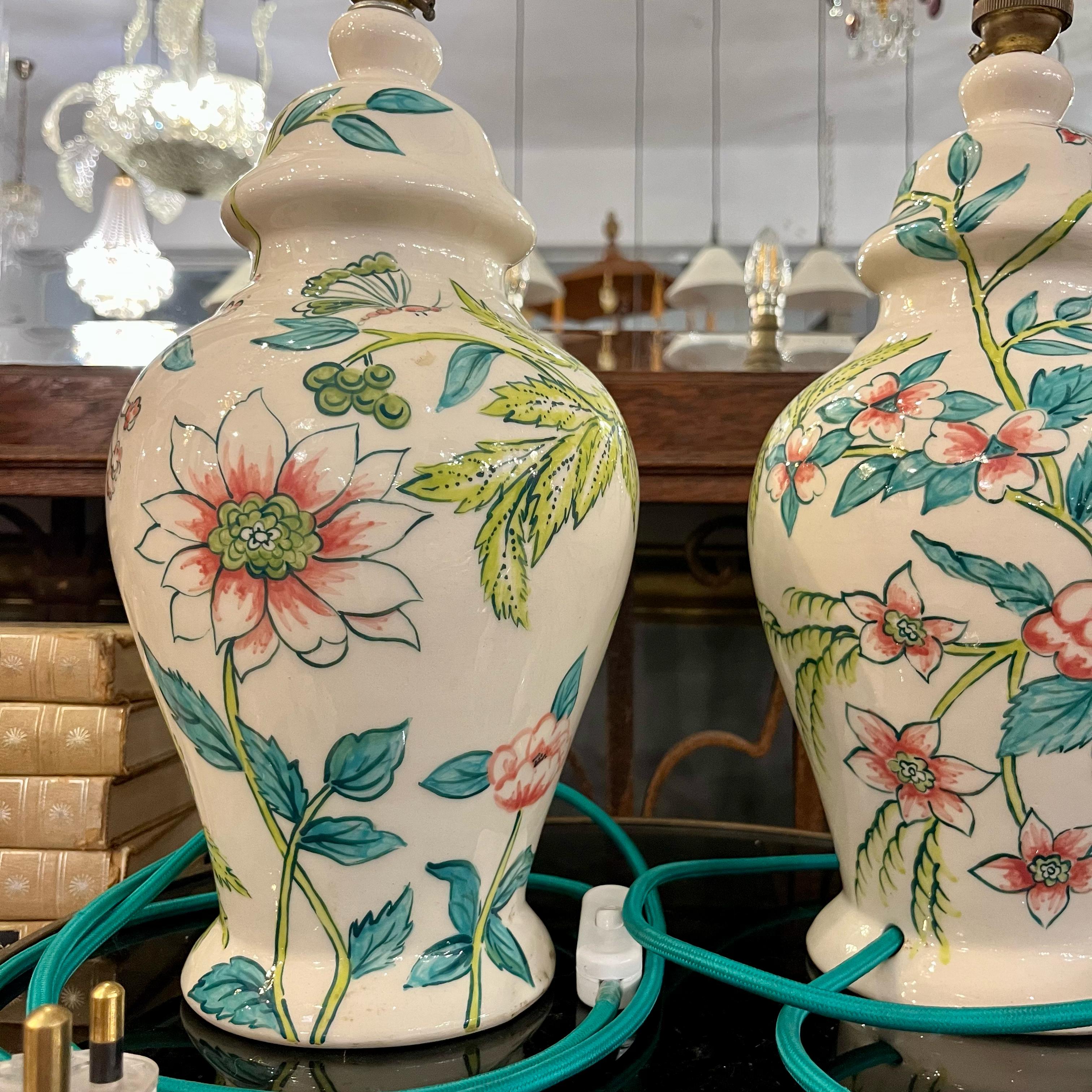 Pair of Hand-Painted Ceramic Ginger Jar Lamps - SOLD