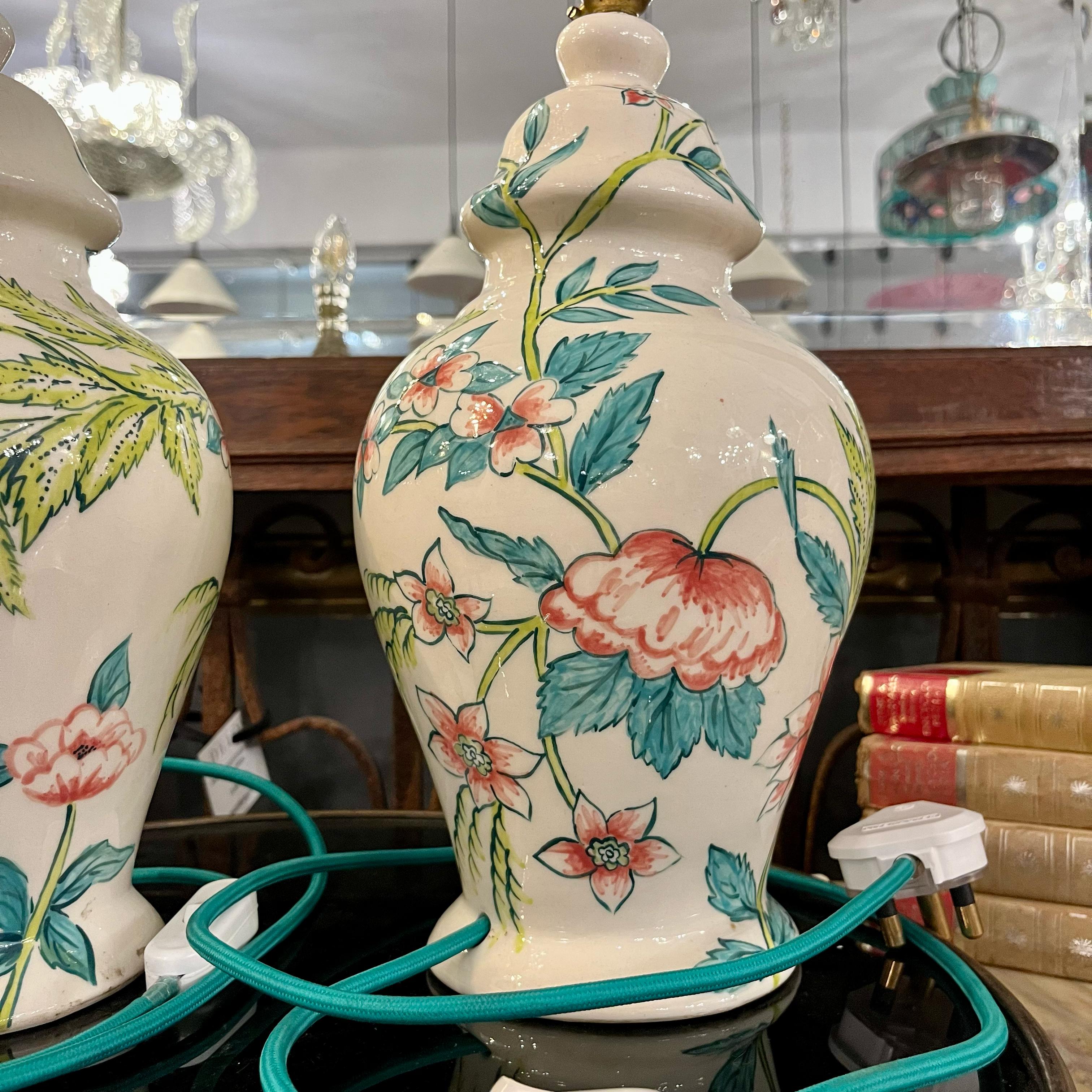 Pair of Hand-Painted Ceramic Ginger Jar Lamps - SOLD