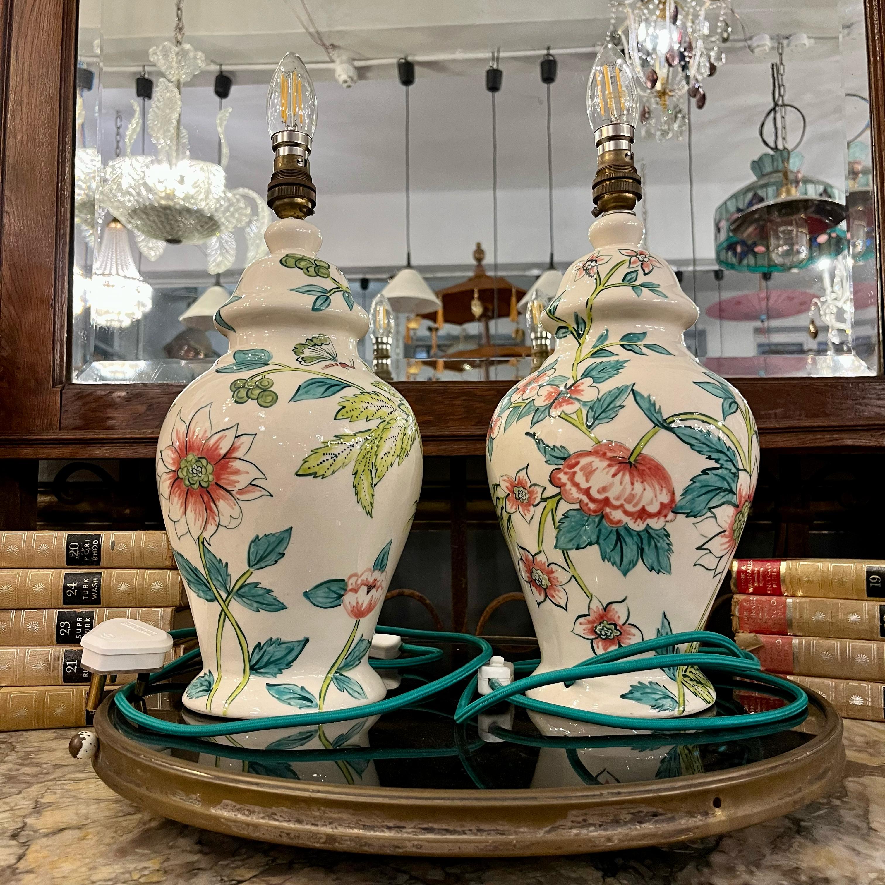 Pair of Hand-Painted Ceramic Ginger Jar Lamps - SOLD