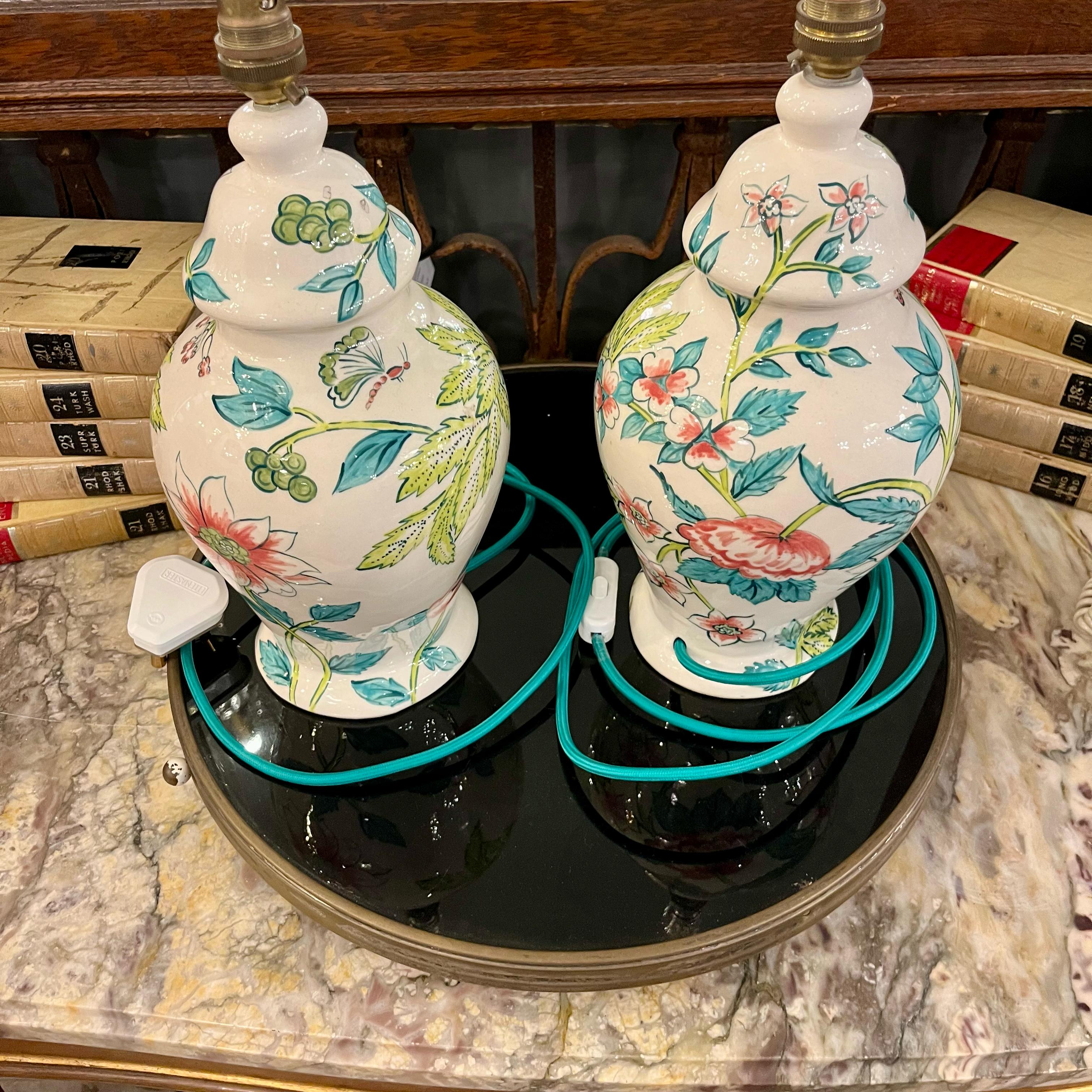 Pair of Hand-Painted Ceramic Ginger Jar Lamps - SOLD