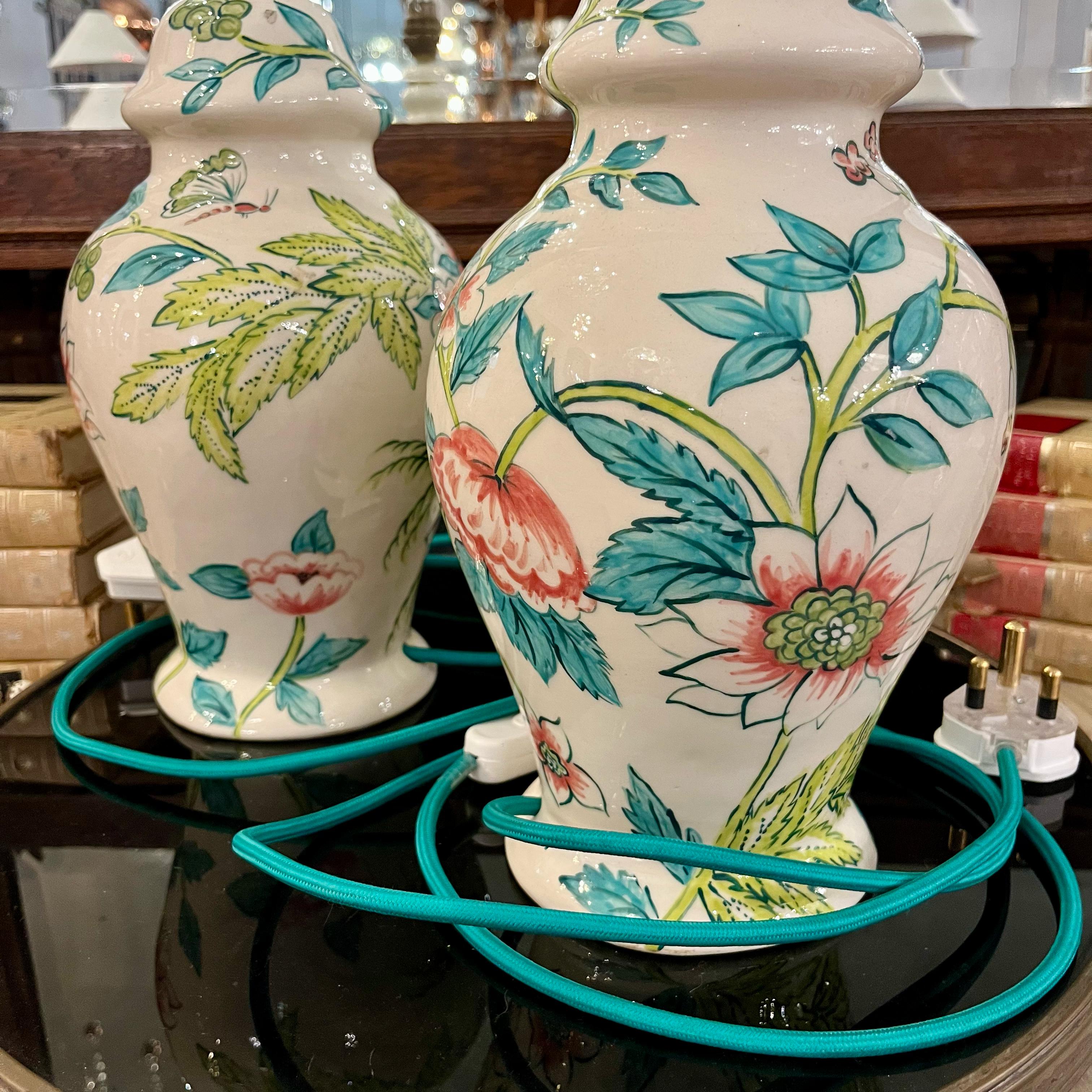 Pair of Hand-Painted Ceramic Ginger Jar Lamps - SOLD