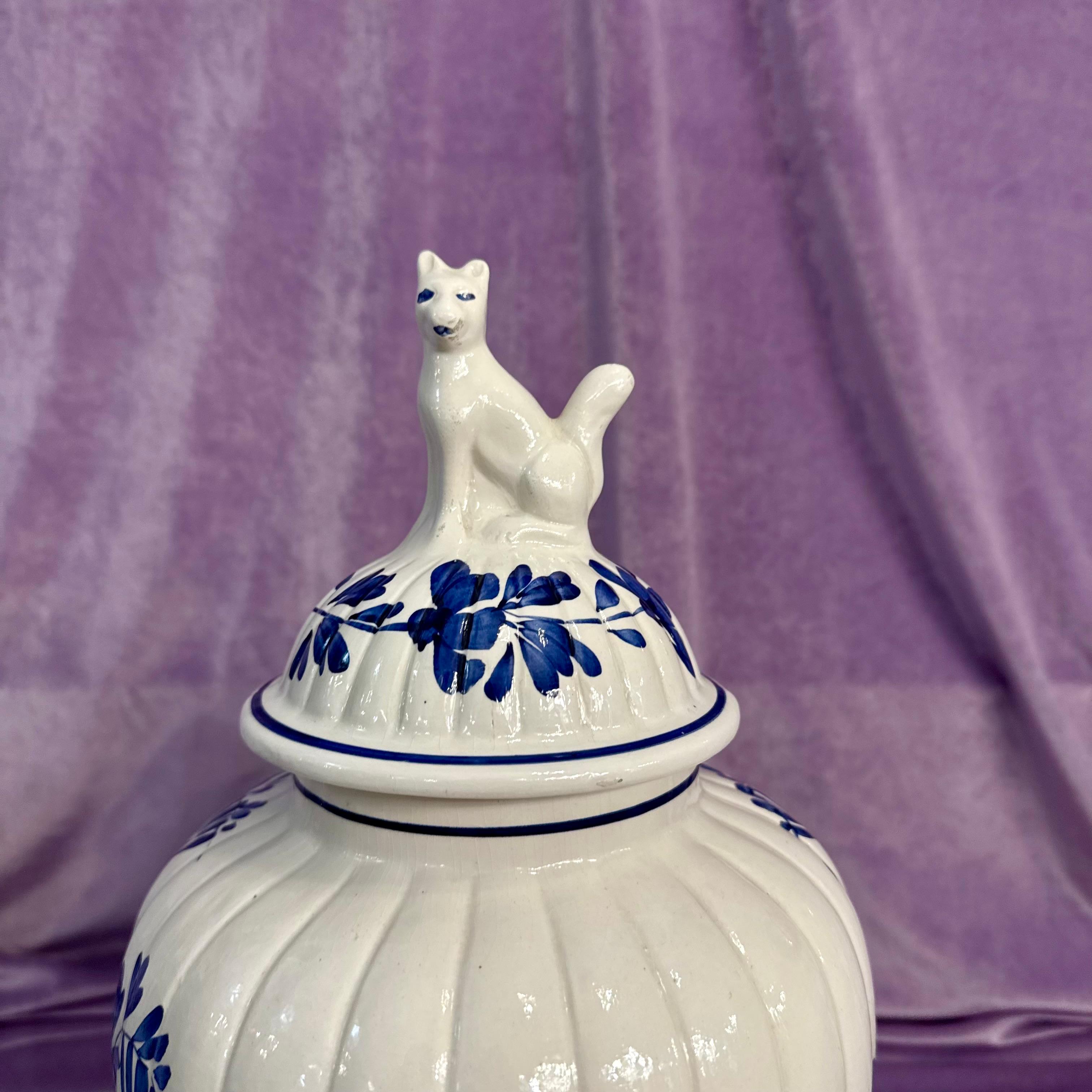 Bassano Italian Blue and White Lidded Jar with Fox Finial