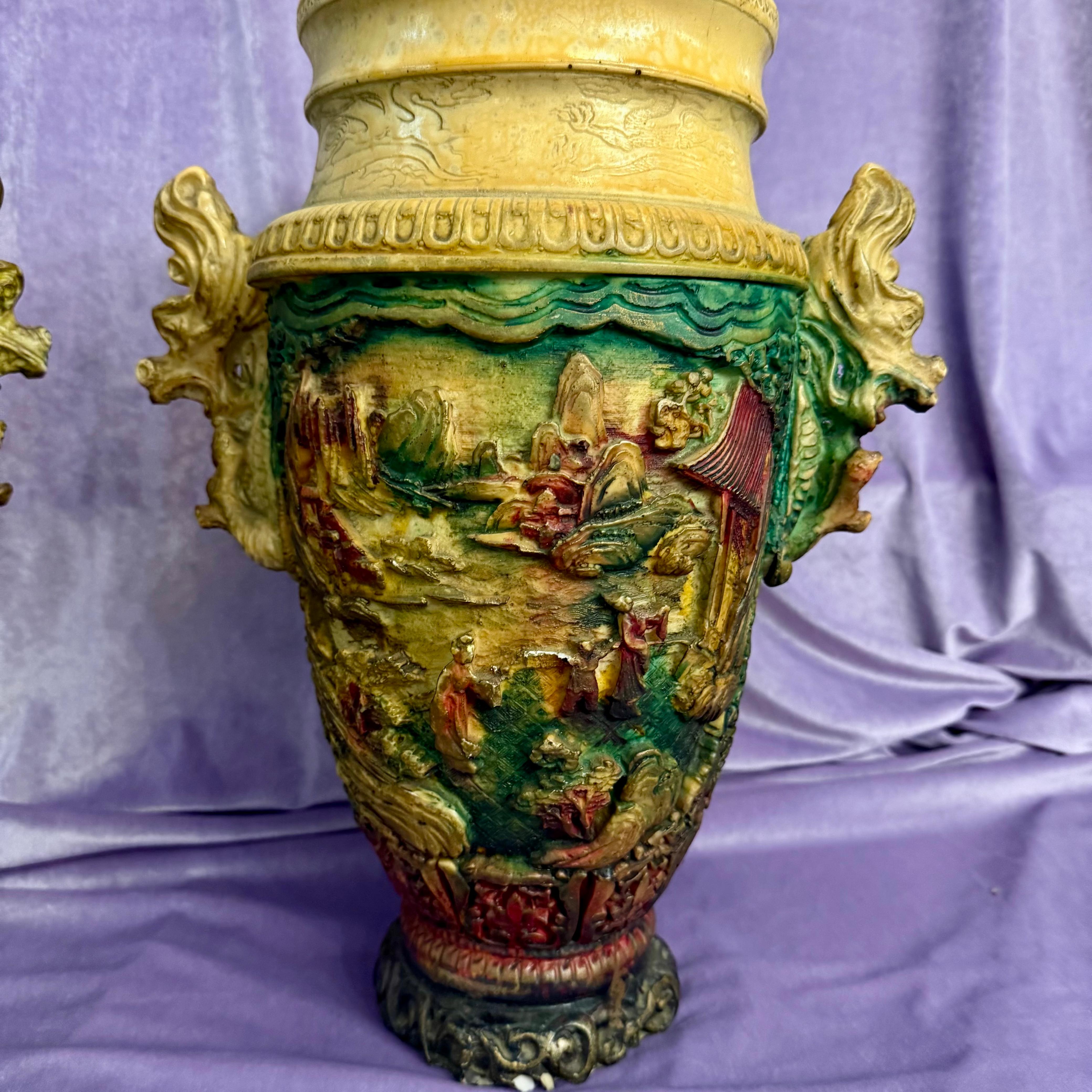 Near Pair Vintage Vases with Dragon Handles and Rustic Village scene