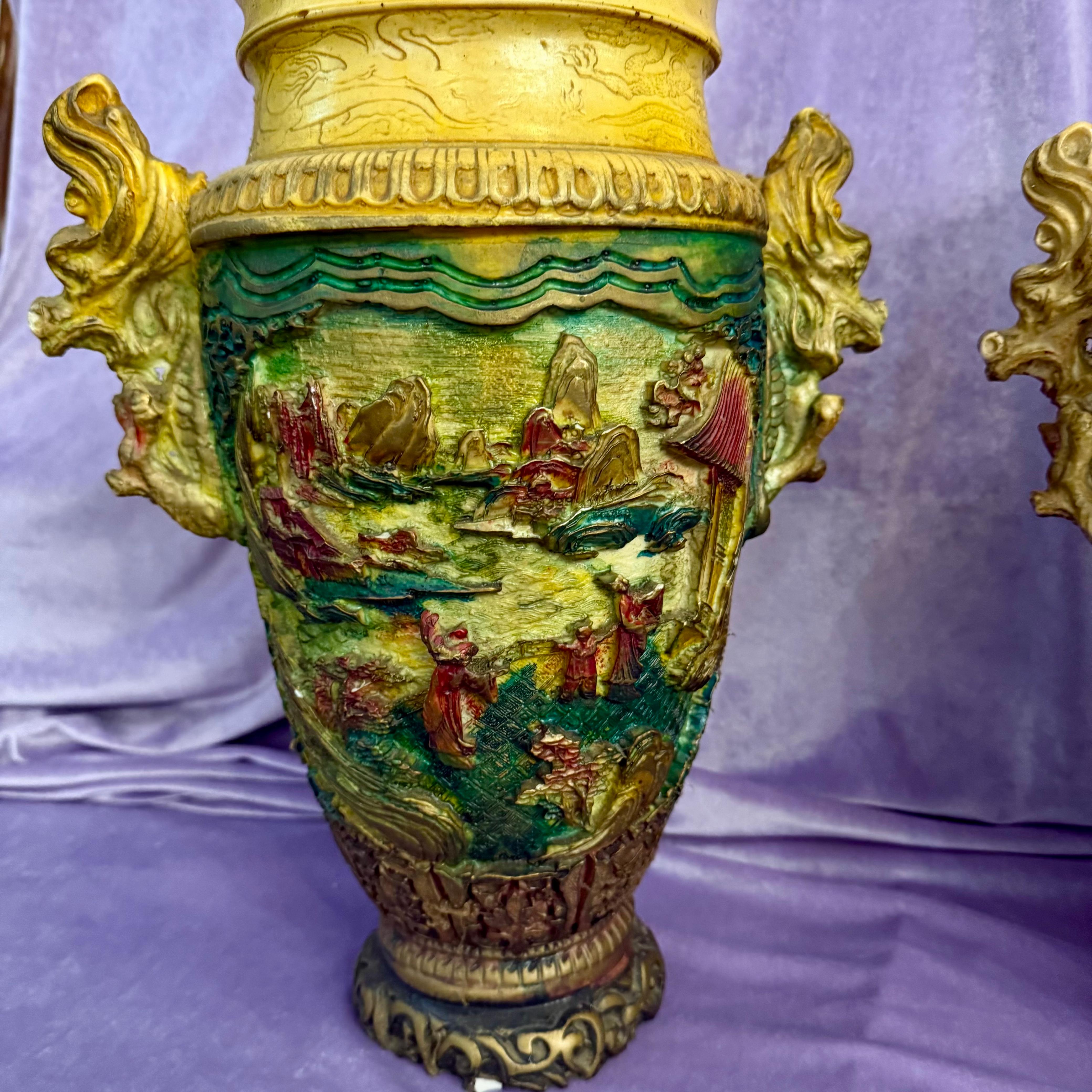 Near Pair Vintage Vases with Dragon Handles and Rustic Village scene