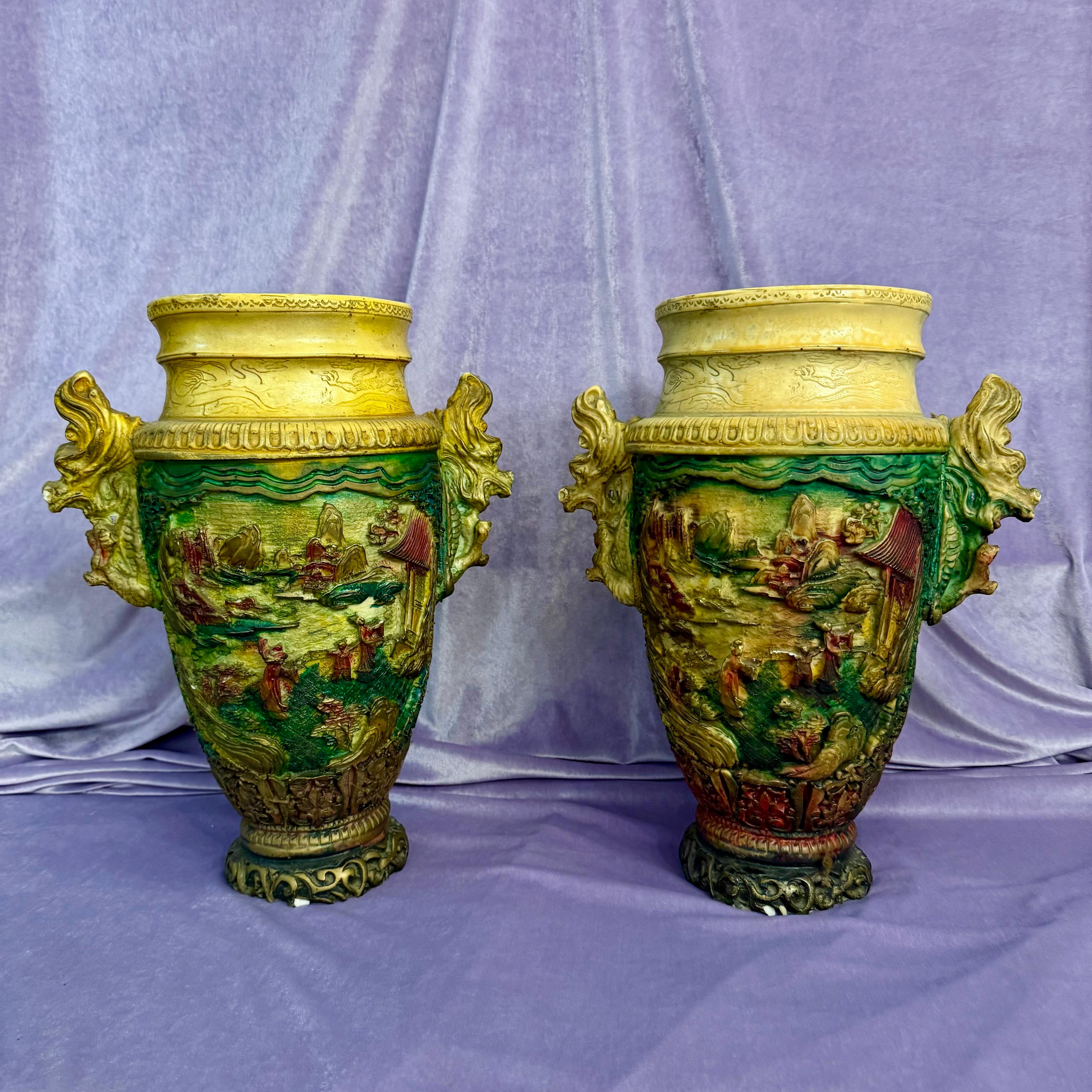 Near Pair Vintage Vases with Dragon Handles and Rustic Village scene