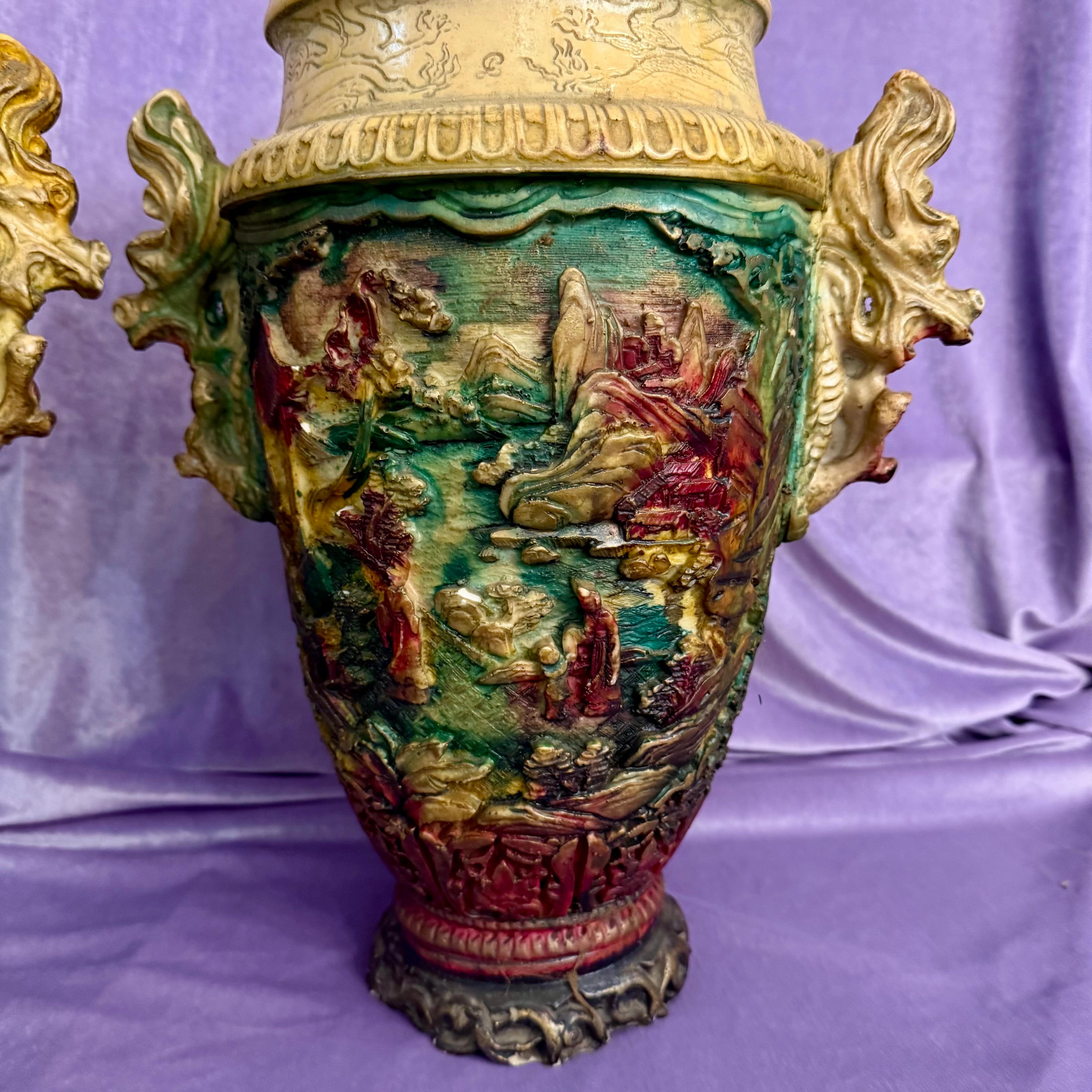 Near Pair Vintage Vases with Dragon Handles and Rustic Village scene