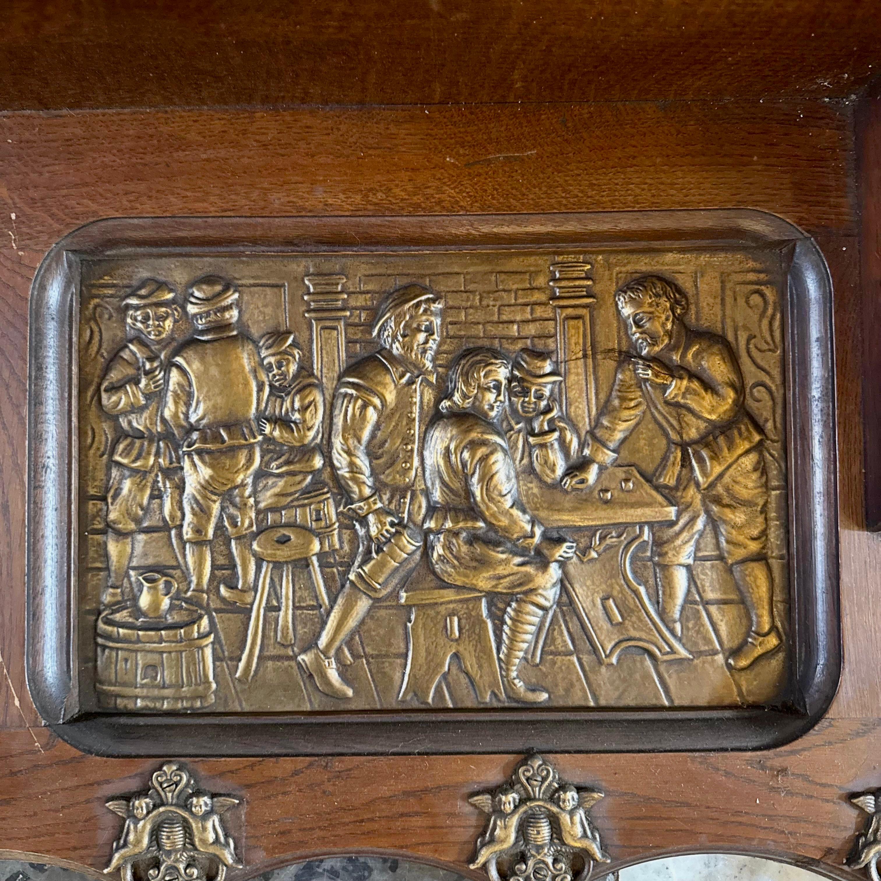 Vintage Oak Coat Rack with Pressed Brass Scenes