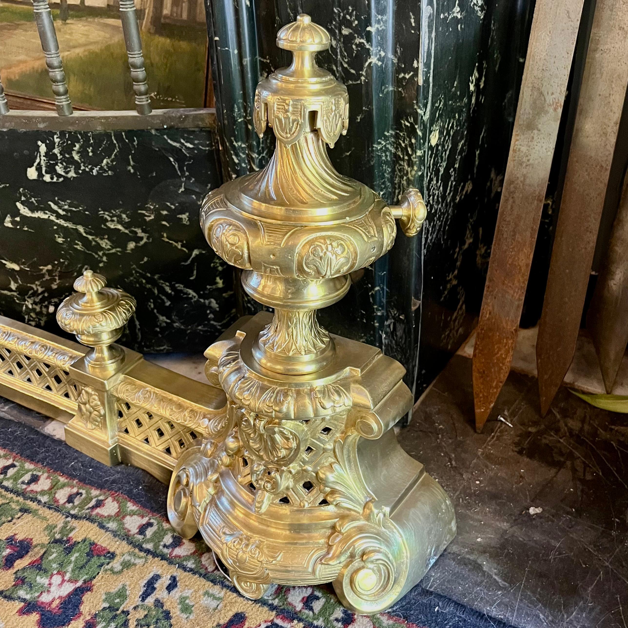 Gilded Brass Fireplace Fender with Urn Finials