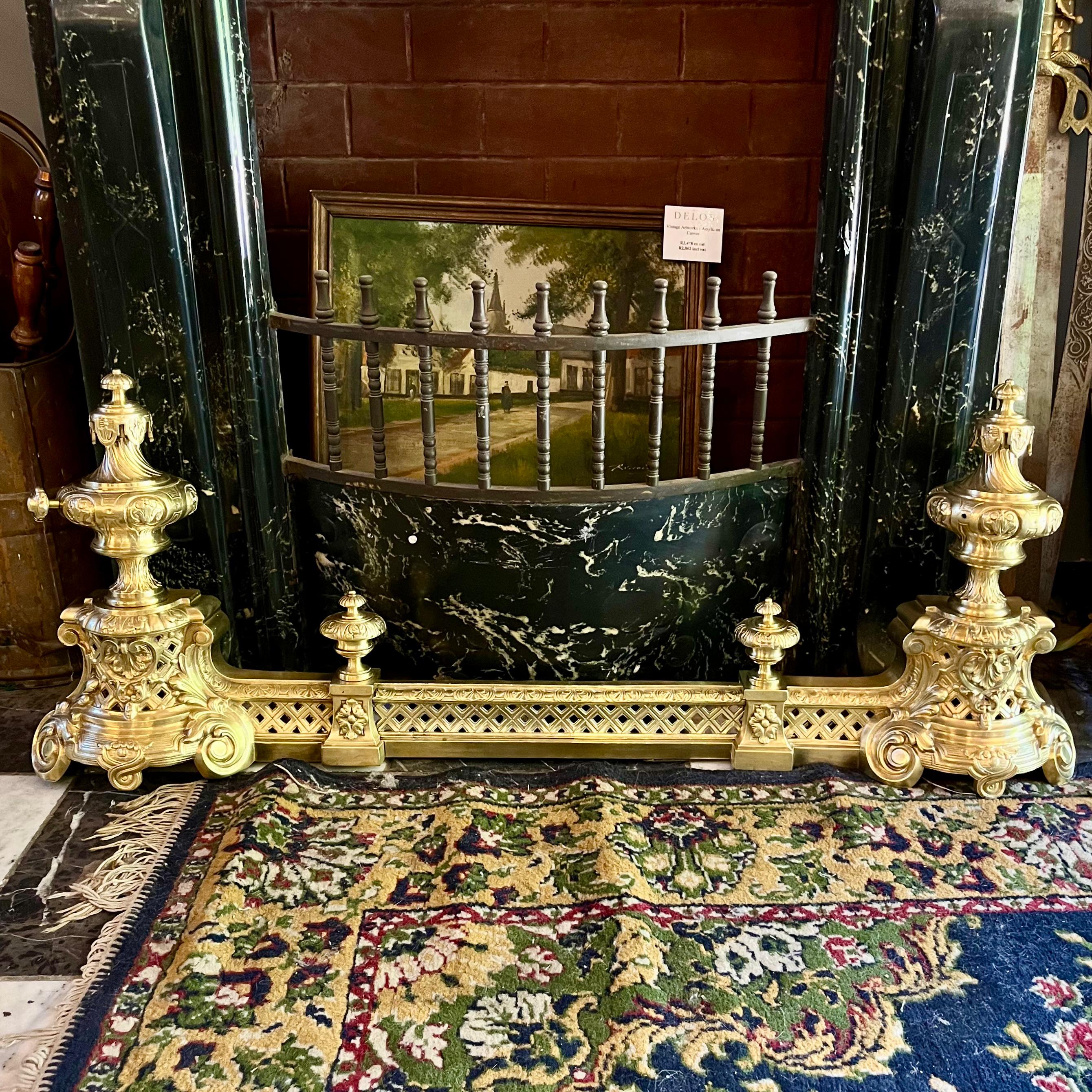 Gilded Brass Fireplace Fender with Urn Finials