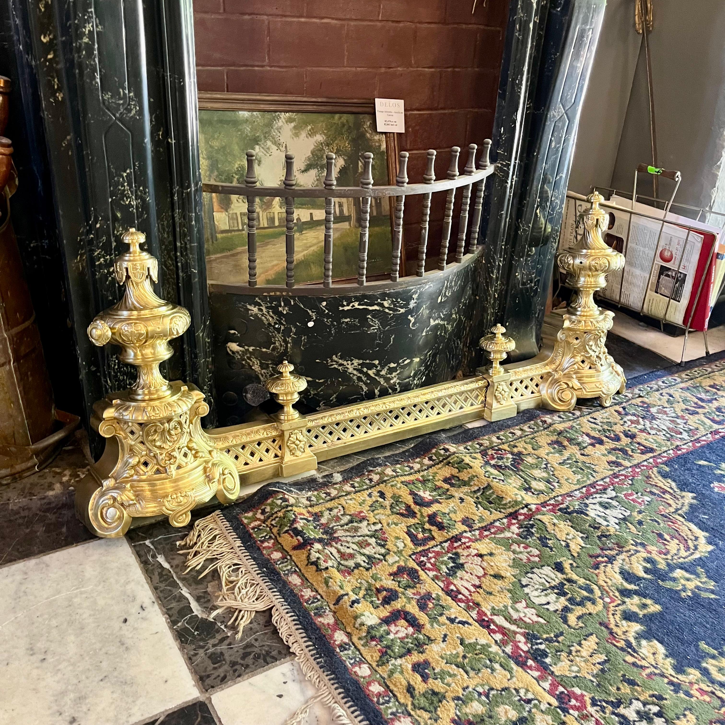 Gilded Brass Fireplace Fender with Urn Finials