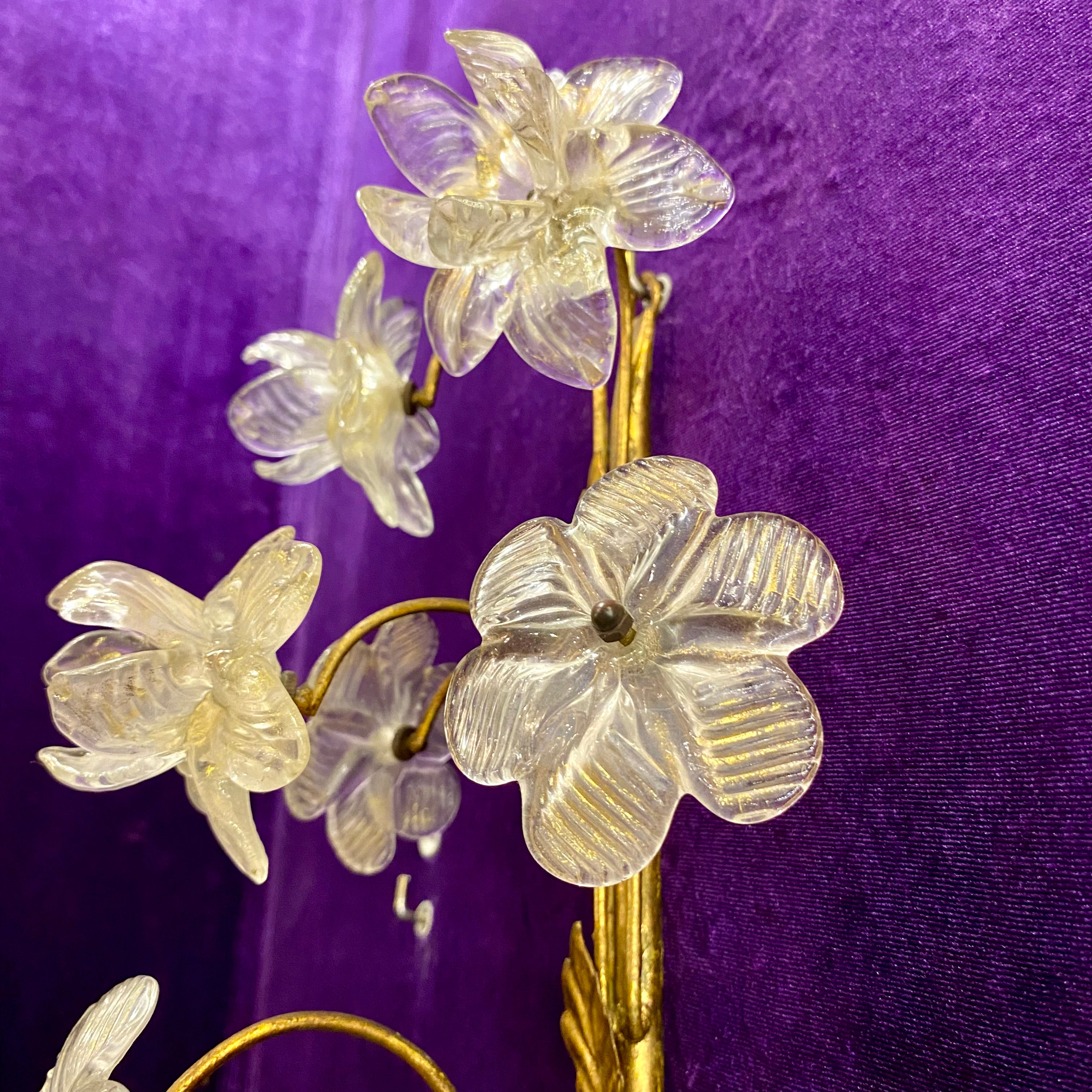 Trio of Beautiful Brass and Murano Flower Sconce