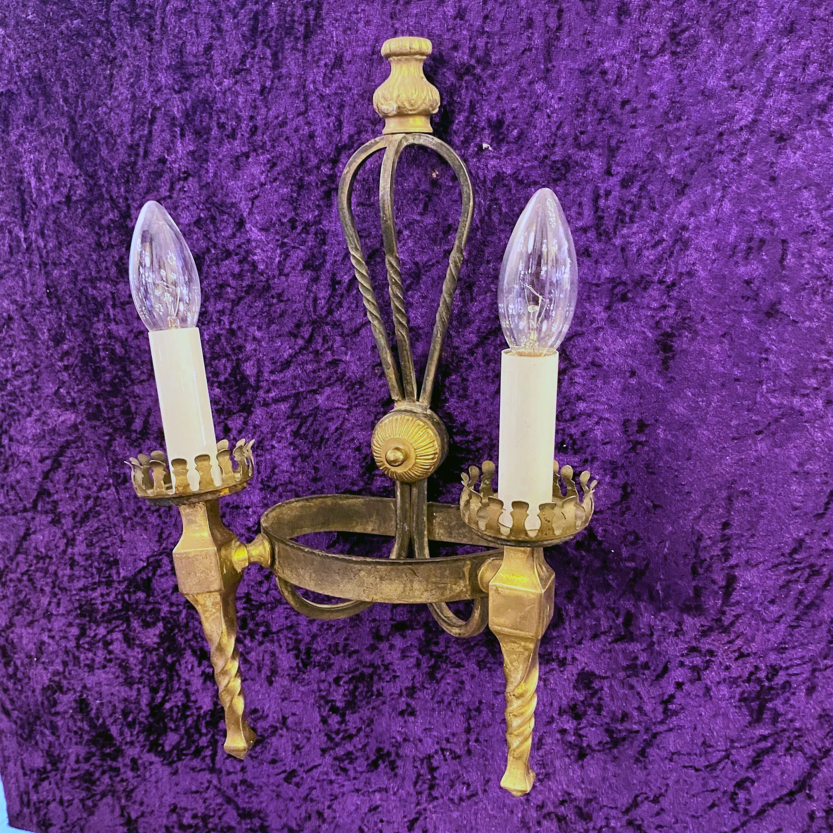 Pair Antique Wrought Iron and Brass Wall Sconces