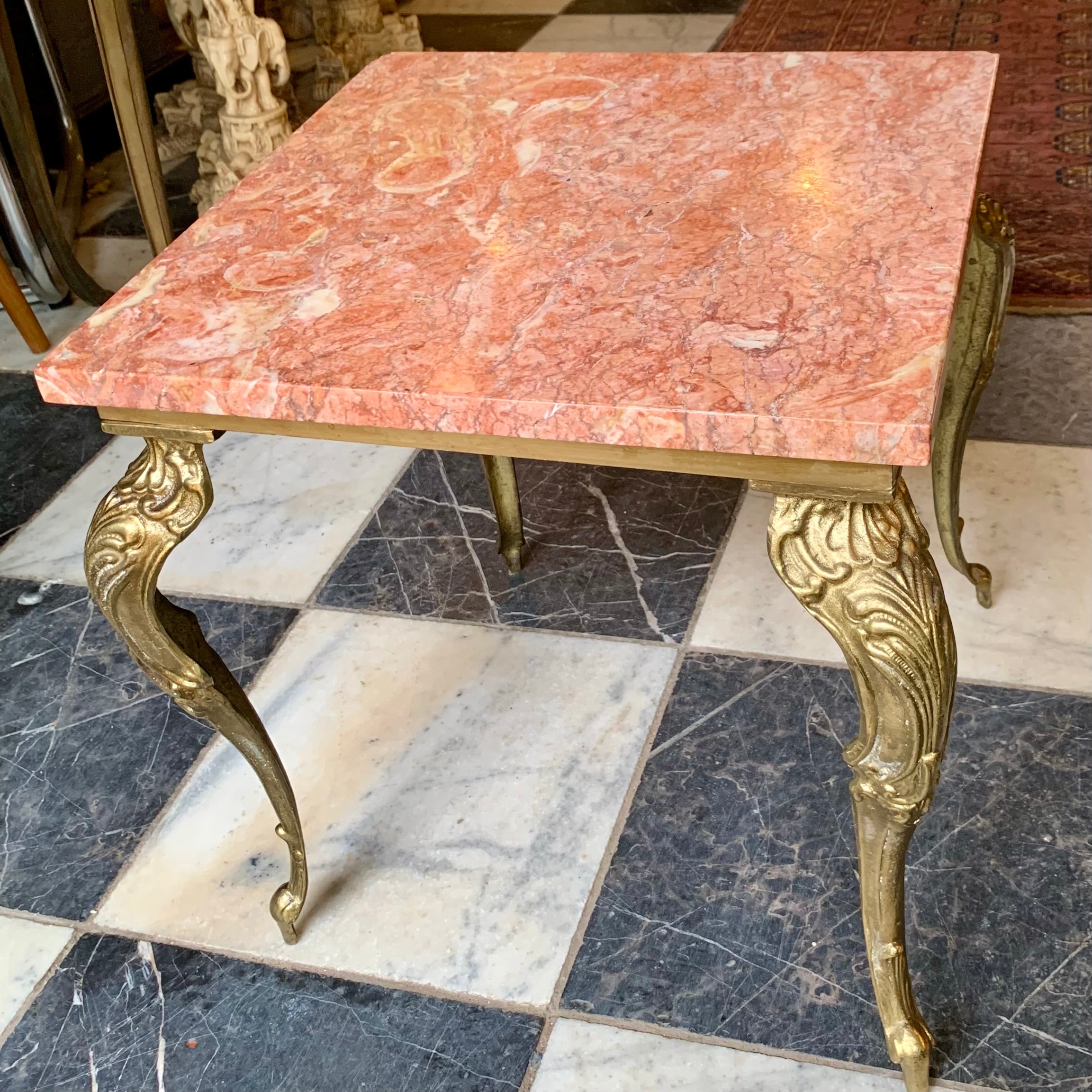 Petite and Heavy Antique Brass Table with Orange Marble Top