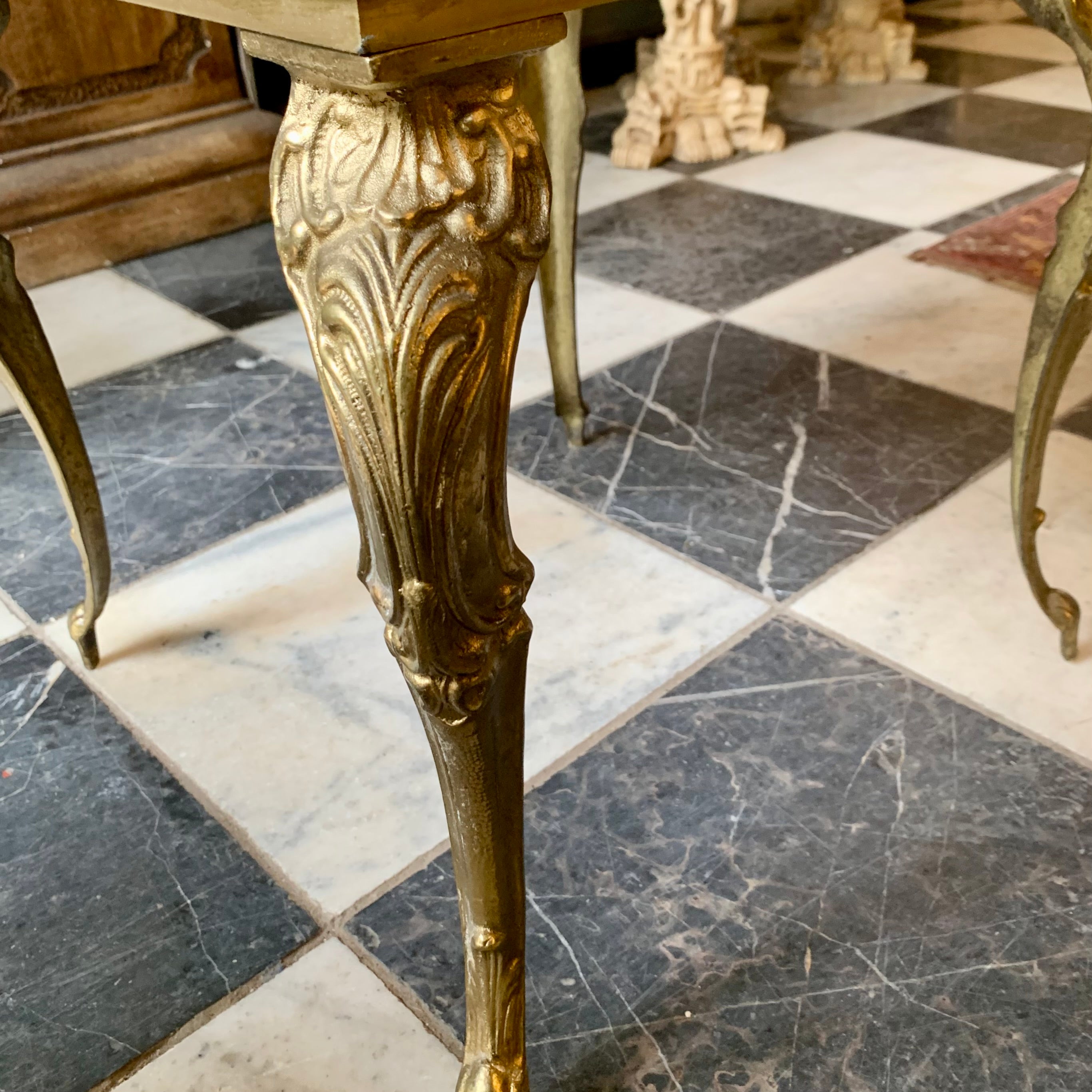 Petite and Heavy Antique Brass Table with Orange Marble Top