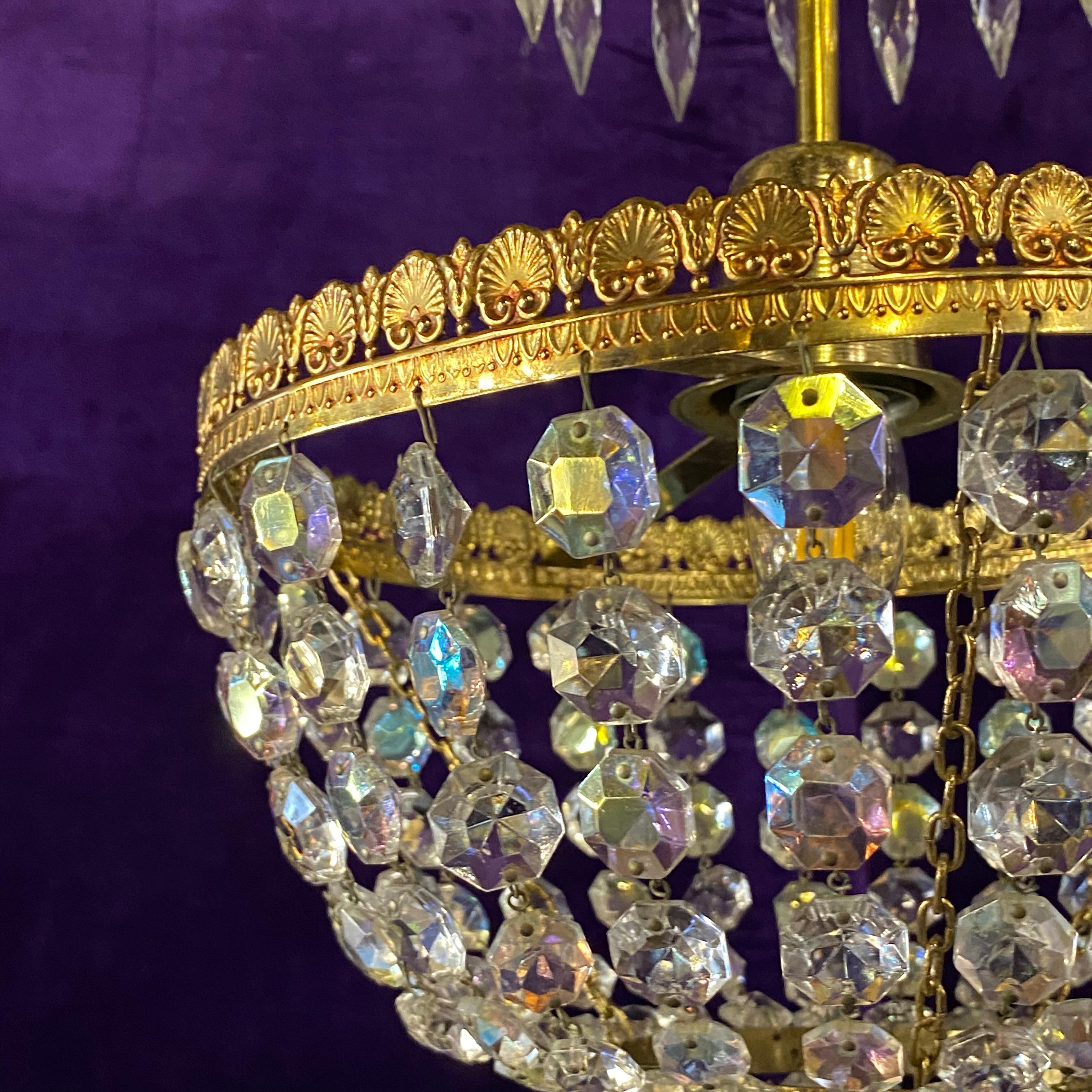 Beautiful Brass and Iridescent Crystal Basket Chandelier