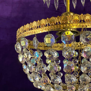 Beautiful Brass and Iridescent Crystal Basket Chandelier