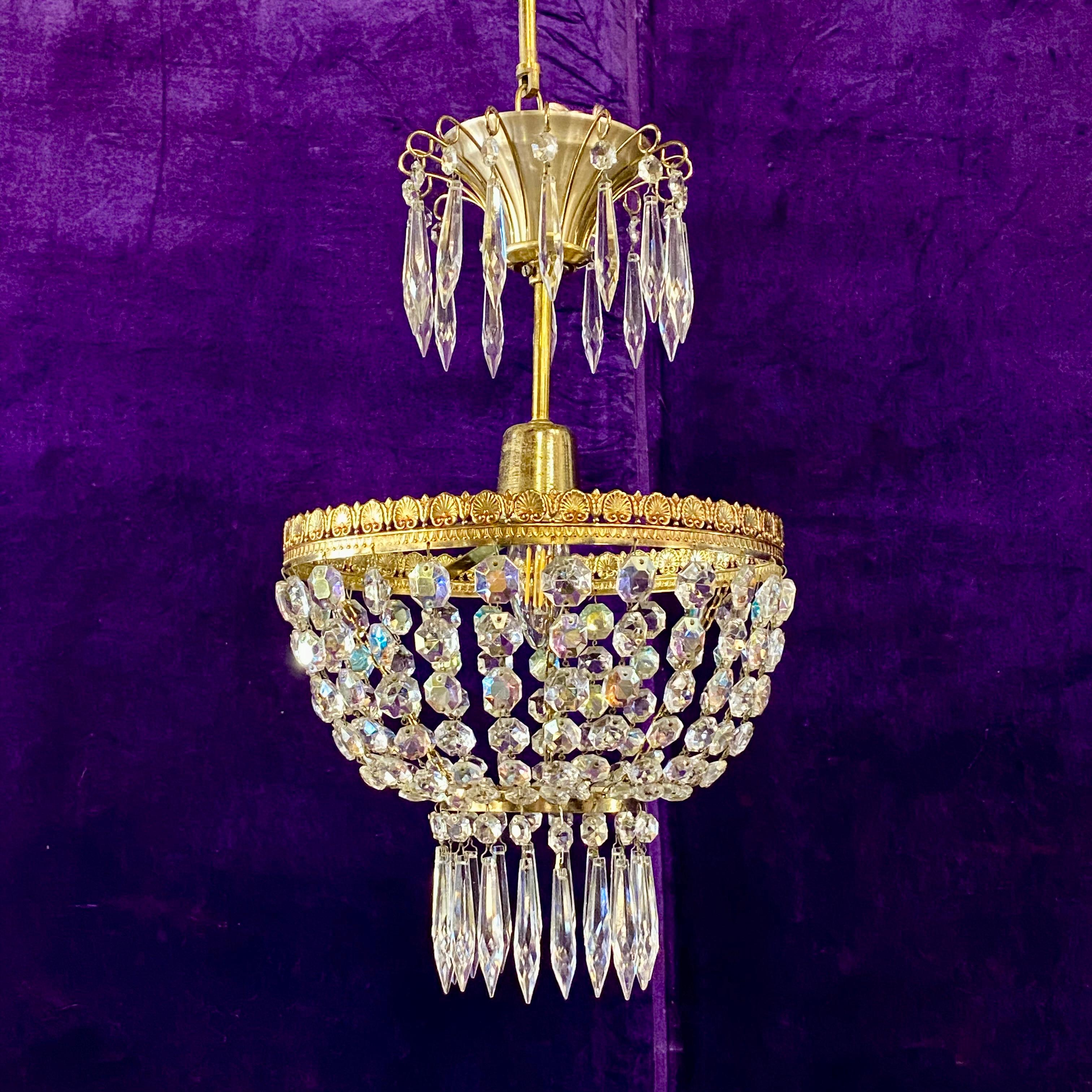 Beautiful Brass and Iridescent Crystal Basket Chandelier