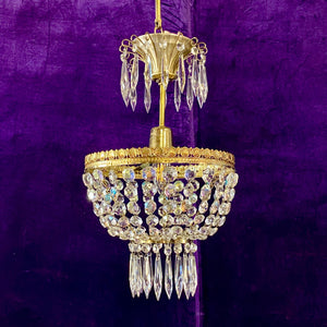 Beautiful Brass and Iridescent Crystal Basket Chandelier