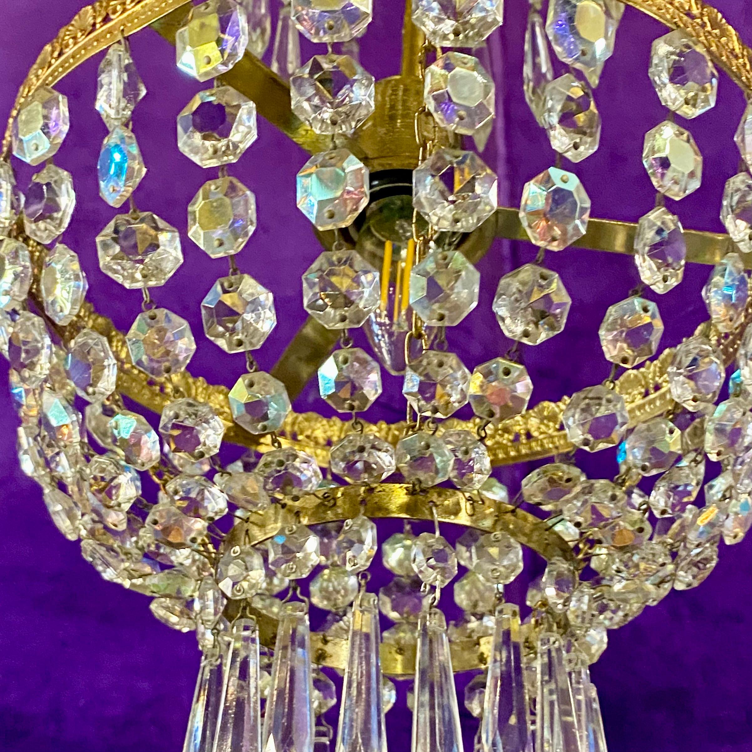 Beautiful Brass and Iridescent Crystal Basket Chandelier