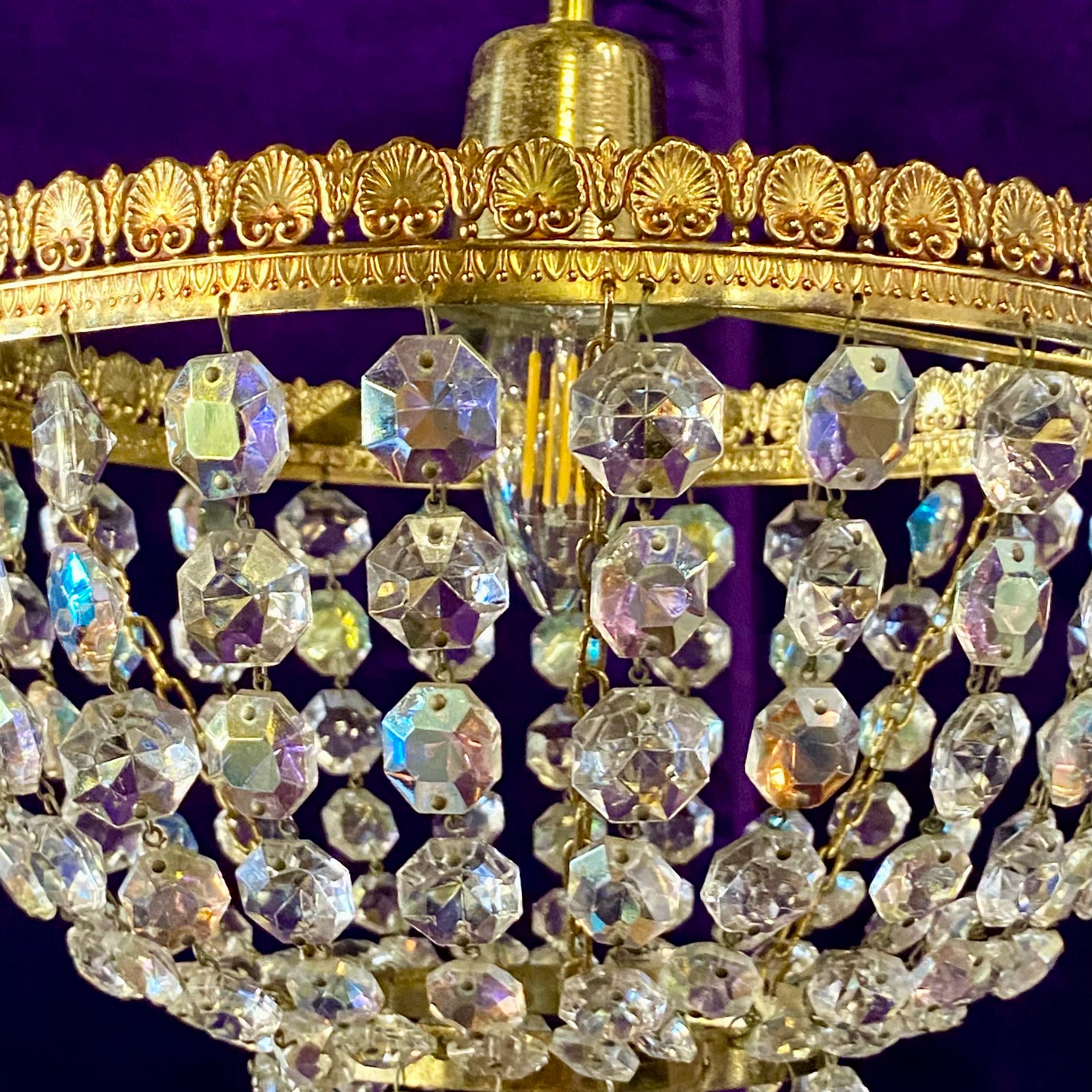 Beautiful Brass and Iridescent Crystal Basket Chandelier