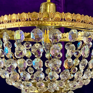 Beautiful Brass and Iridescent Crystal Basket Chandelier