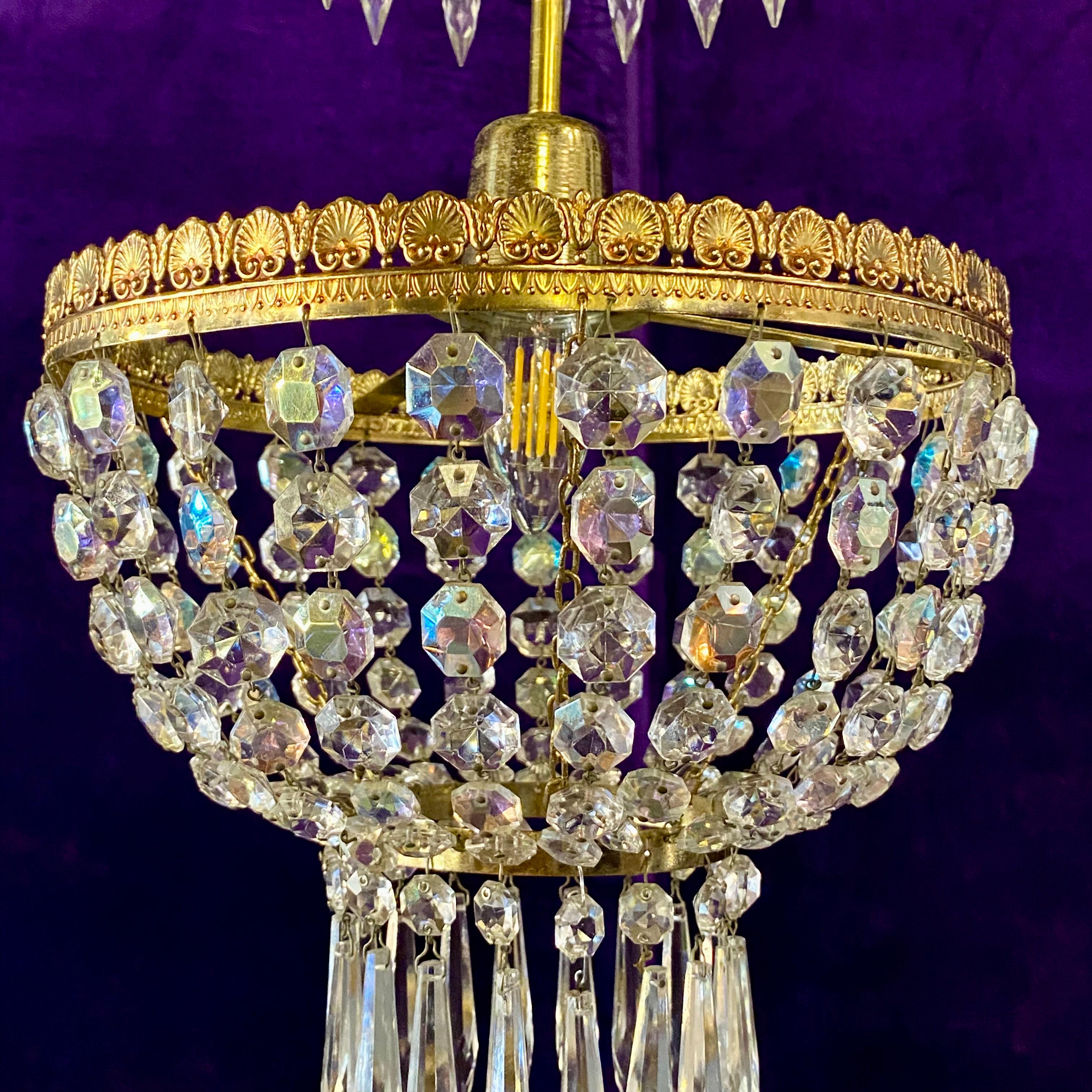 Beautiful Brass and Iridescent Crystal Basket Chandelier