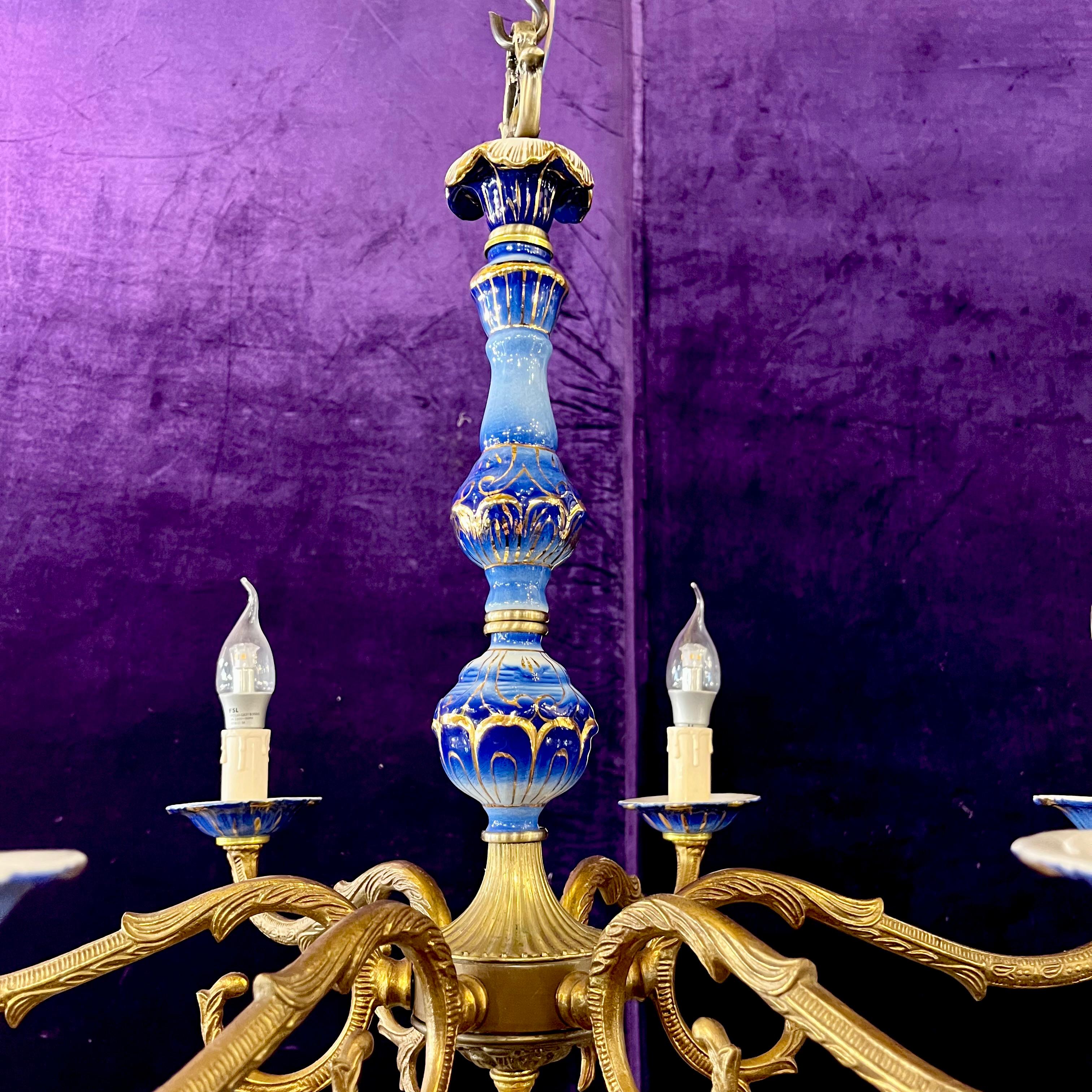 Beautiful Brass and Delft Detail Chandelier - SOLD