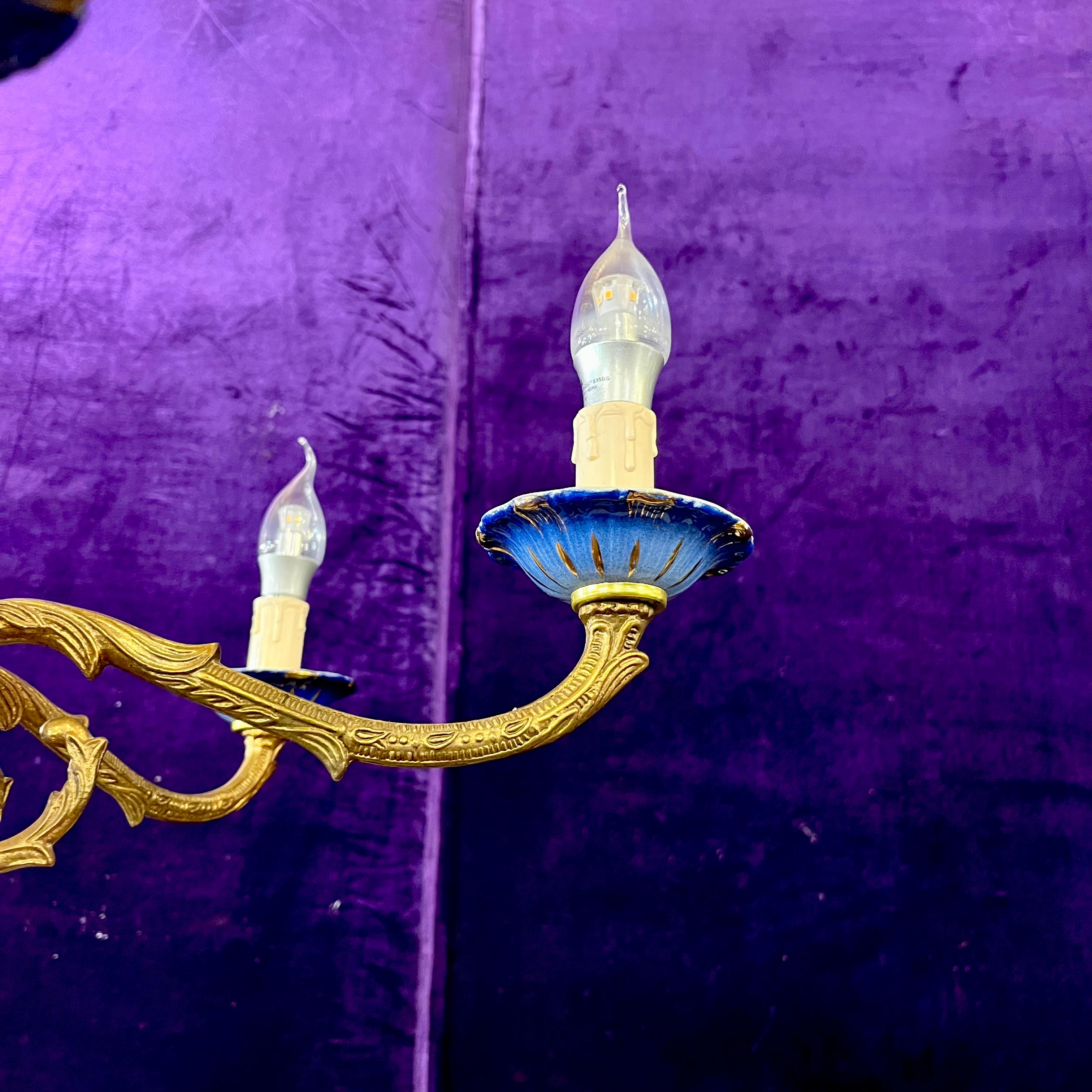 Beautiful Brass and Delft Detail Chandelier - SOLD