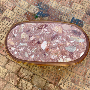 Antique Oak and Mottled Marble Oval Coffee Table