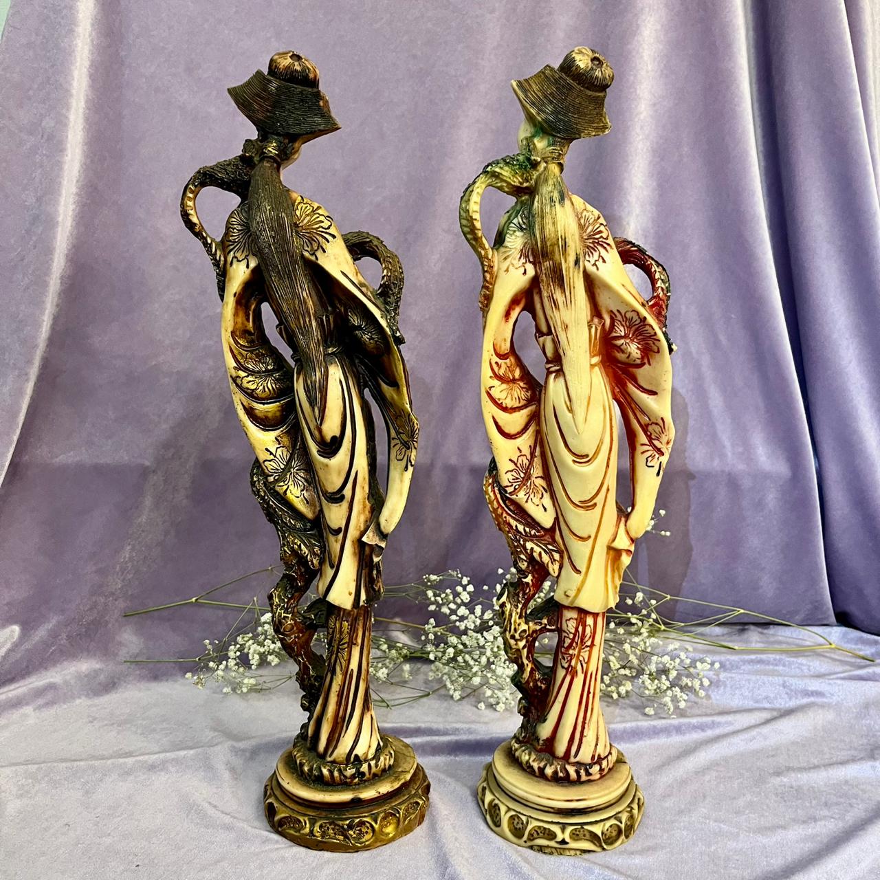 Pair Oriental Ladies with Phoenix Statues